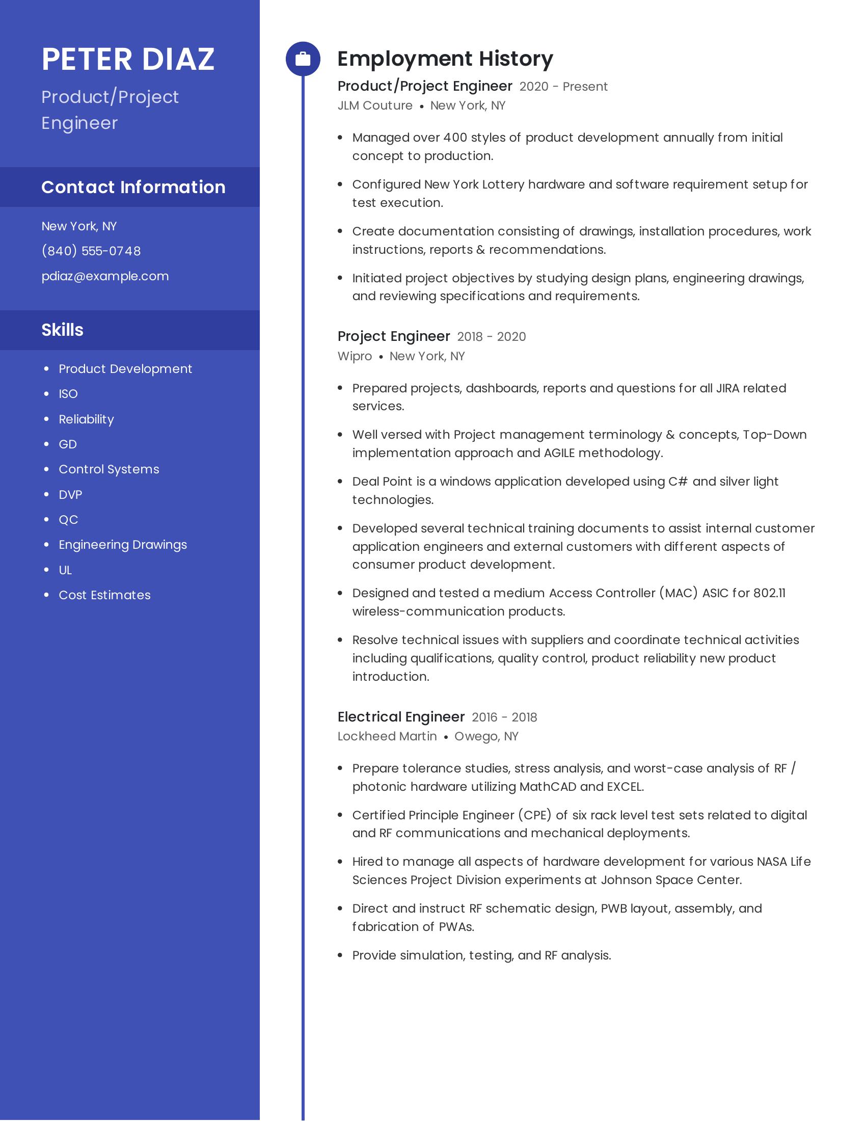 Product/Project Engineer resume example