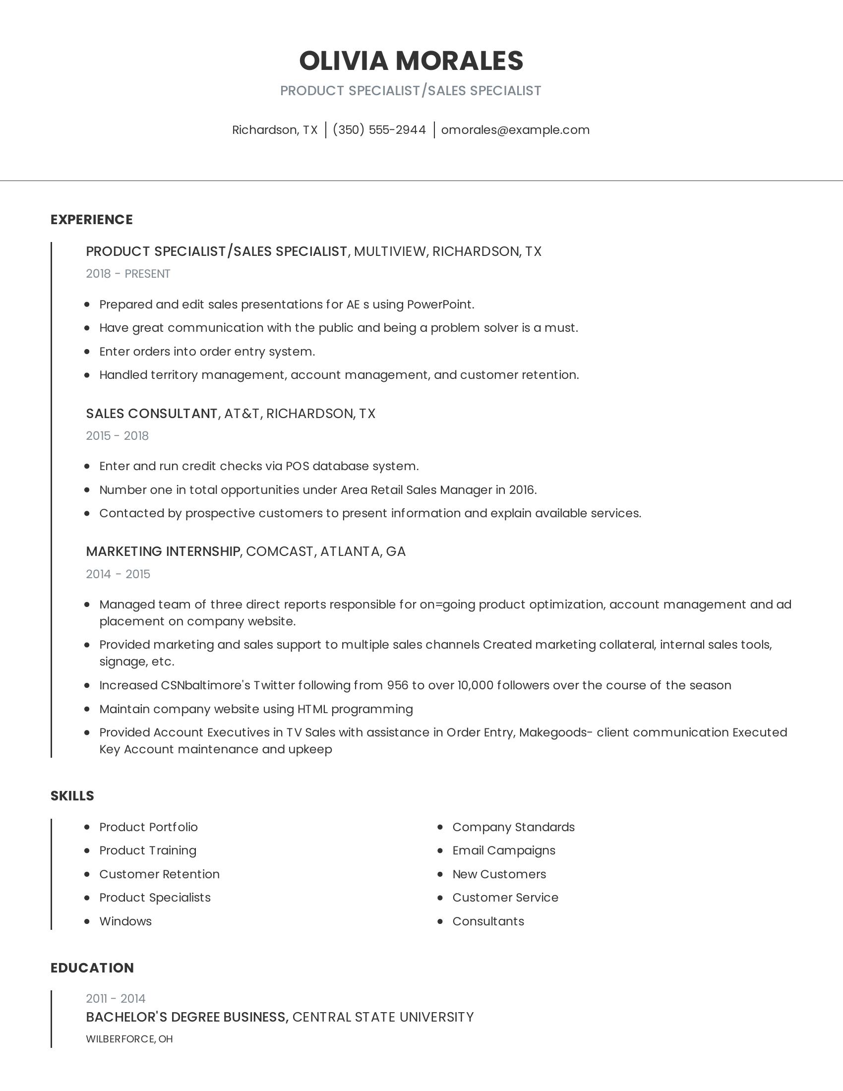 Product Specialist/Sales Specialist resume example