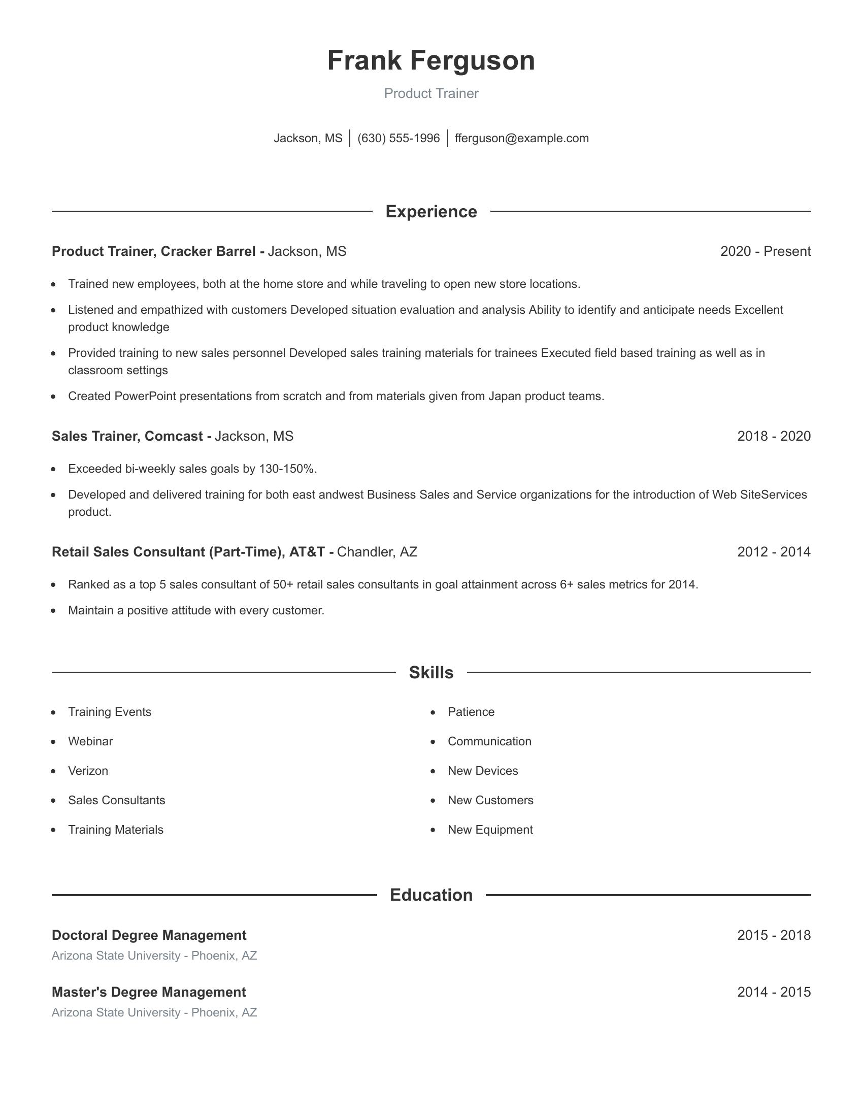 Product Trainer resume example