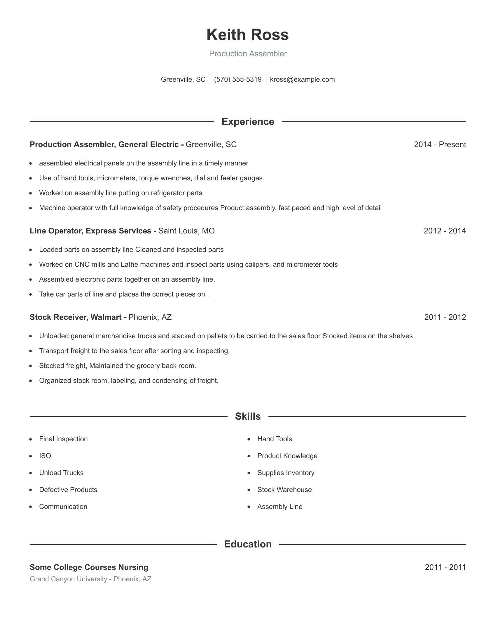 Production Assembler resume example