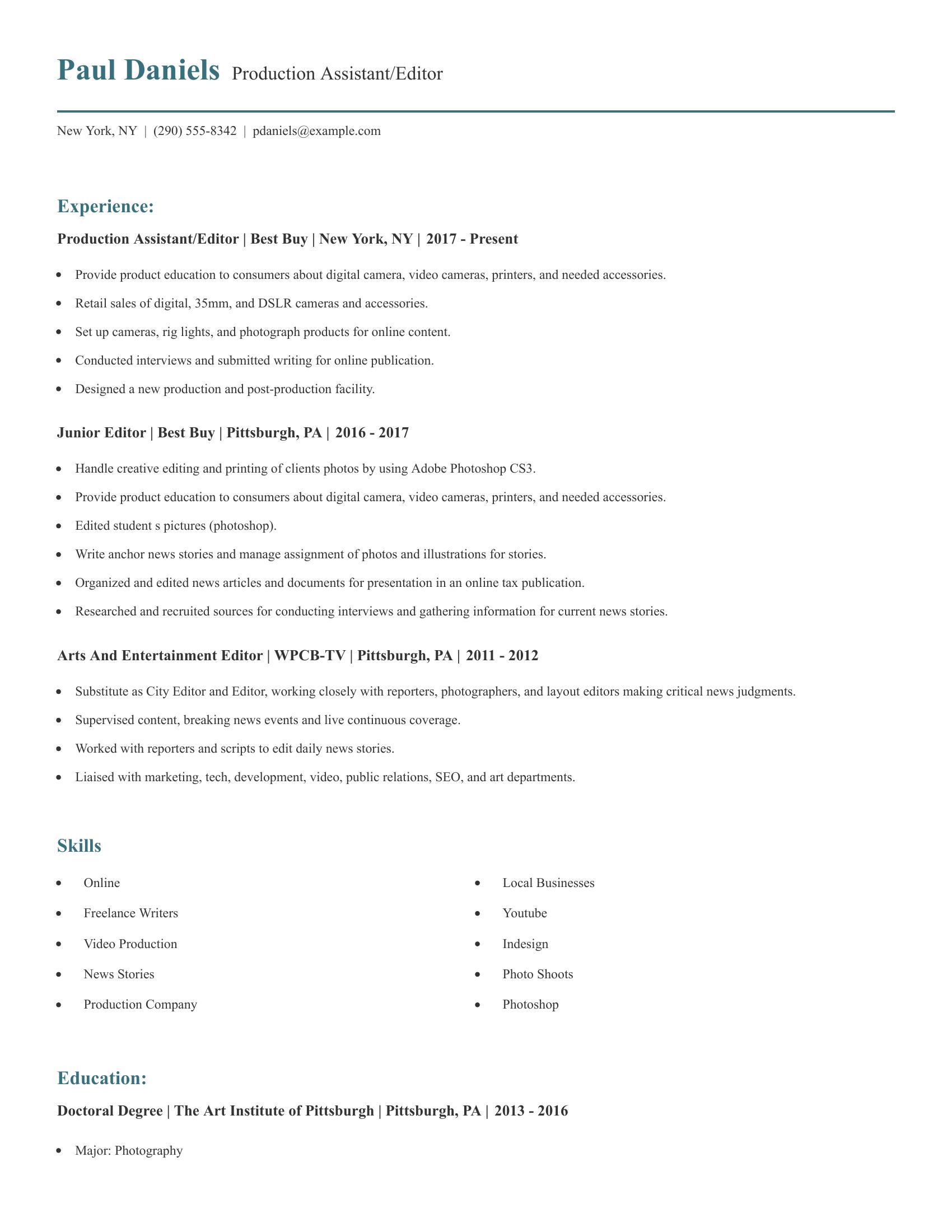 Production Assistant/Editor resume example