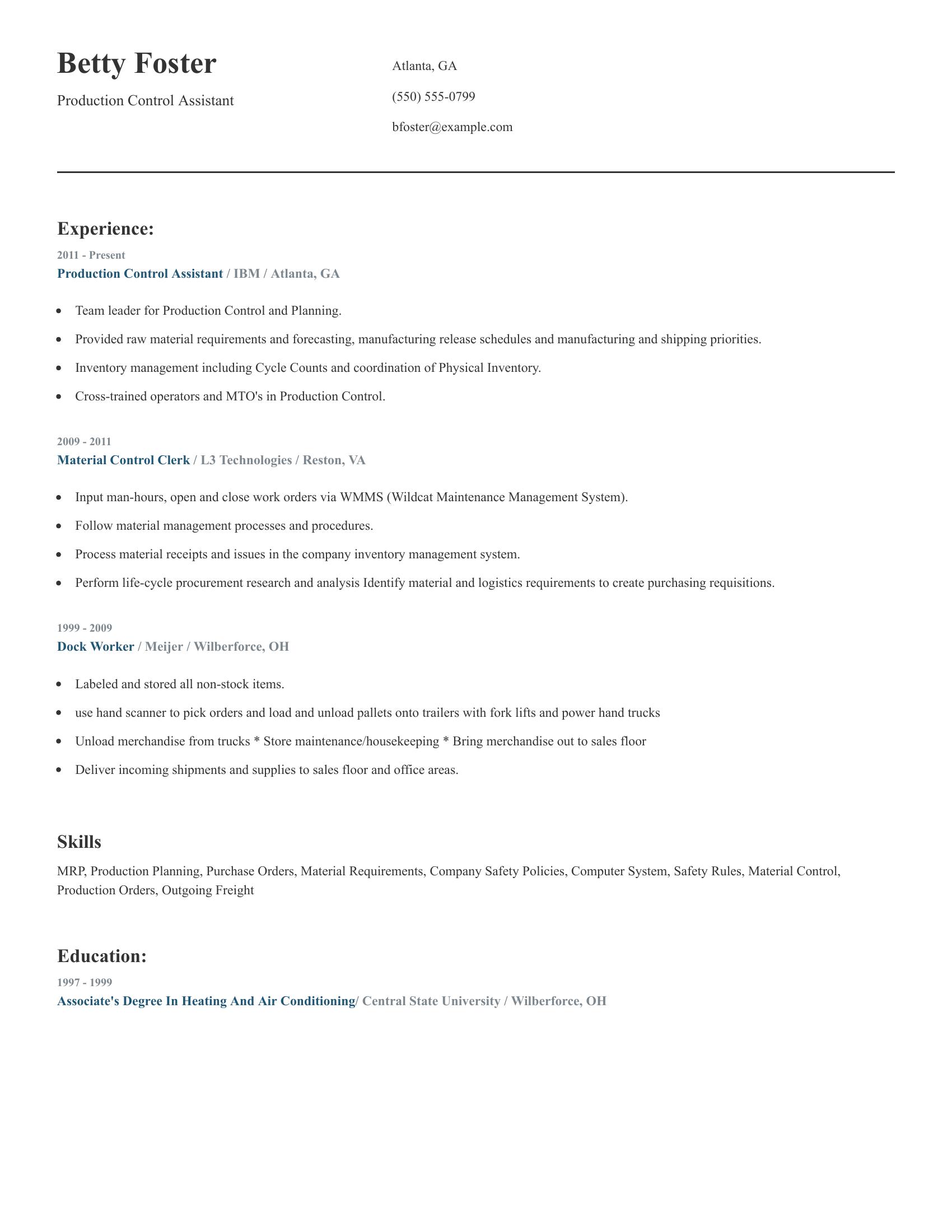 Production Control Assistant resume example
