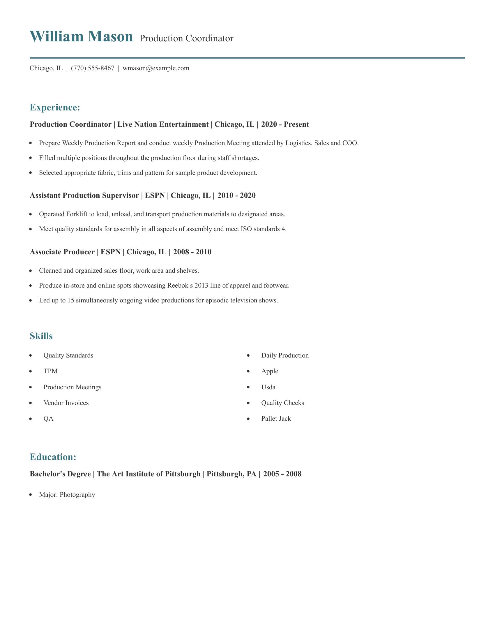 Production Coordinator resume example