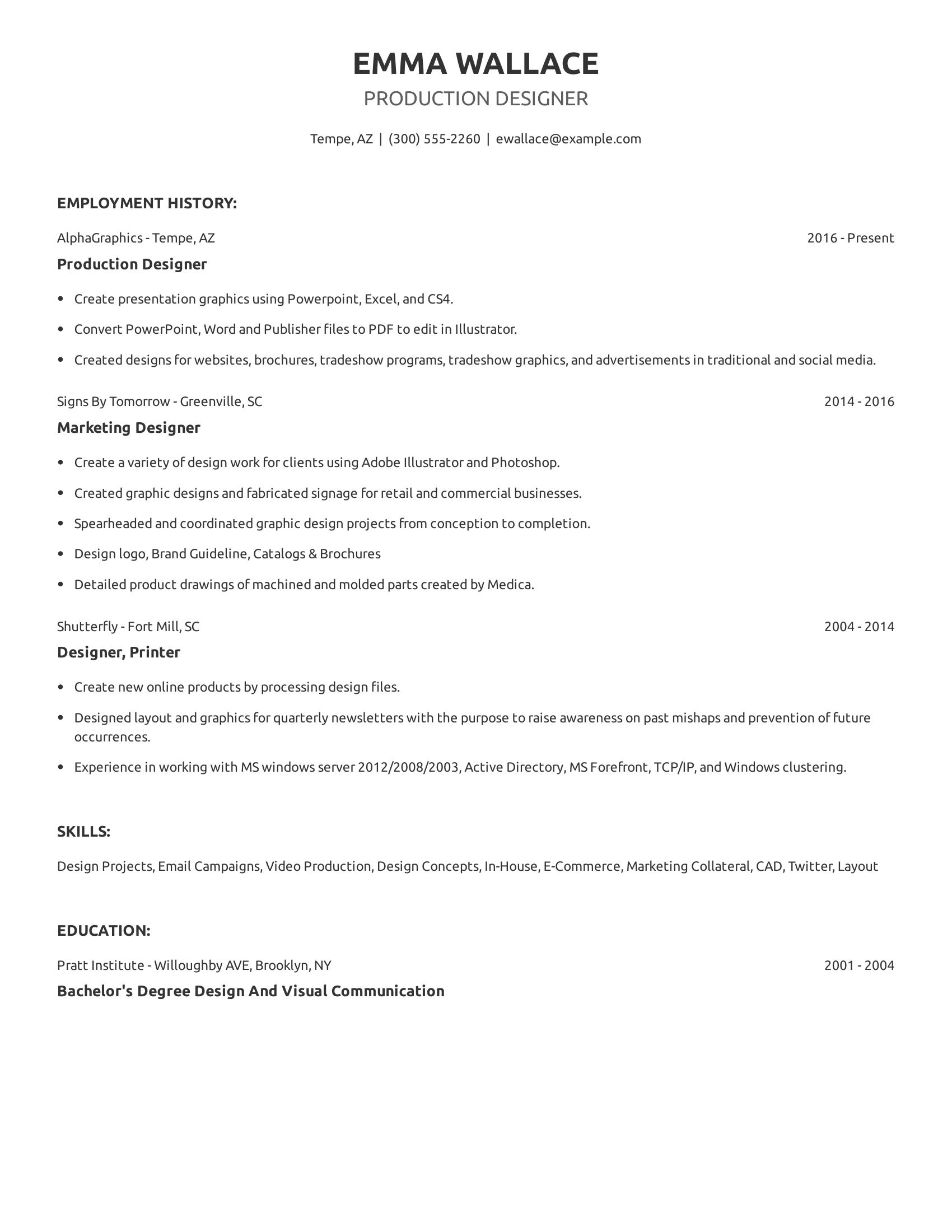 Production Designer resume example