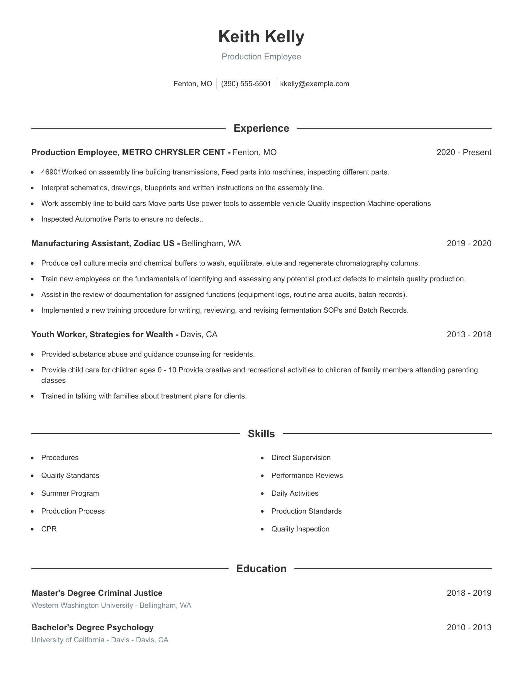 Production Employee resume example