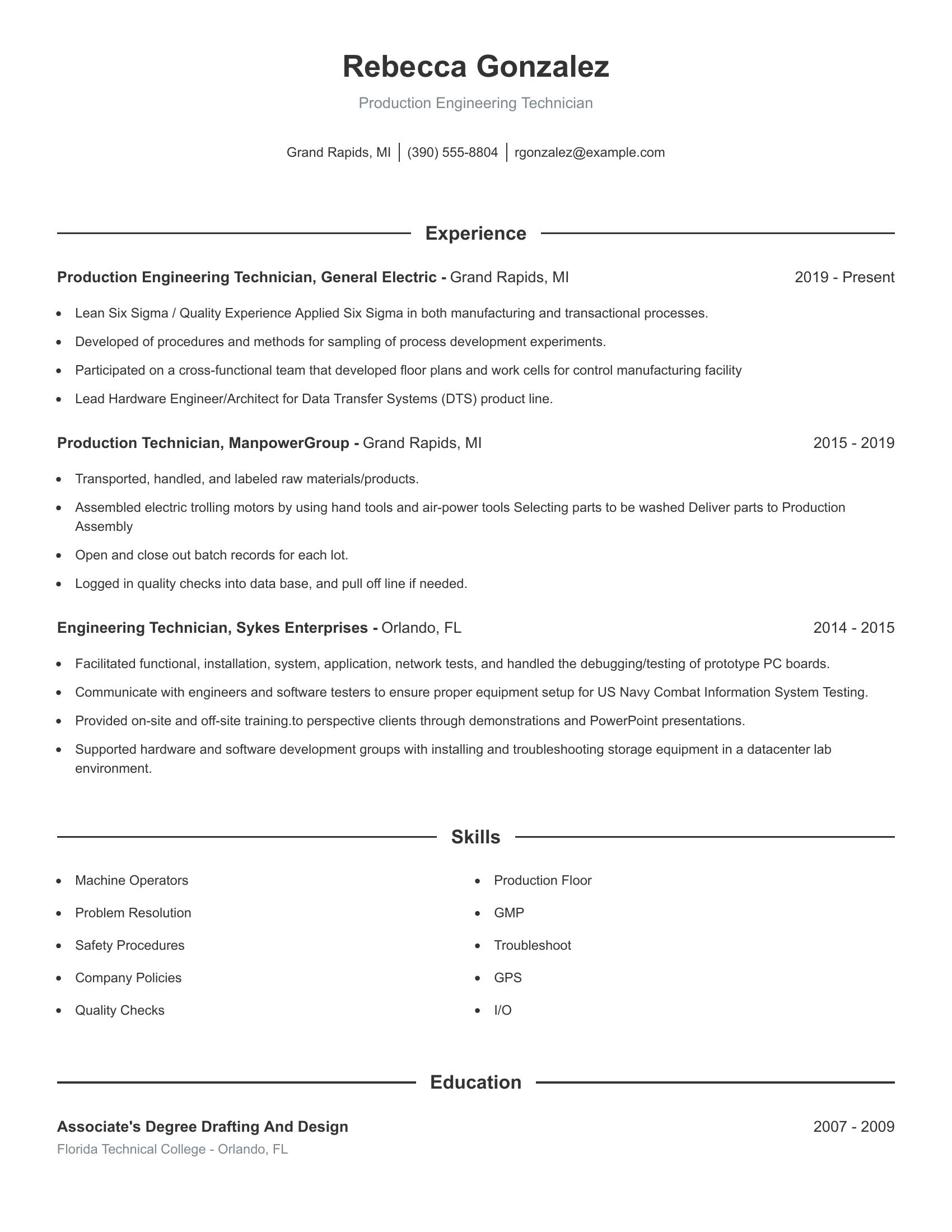 Production Engineering Technician resume example