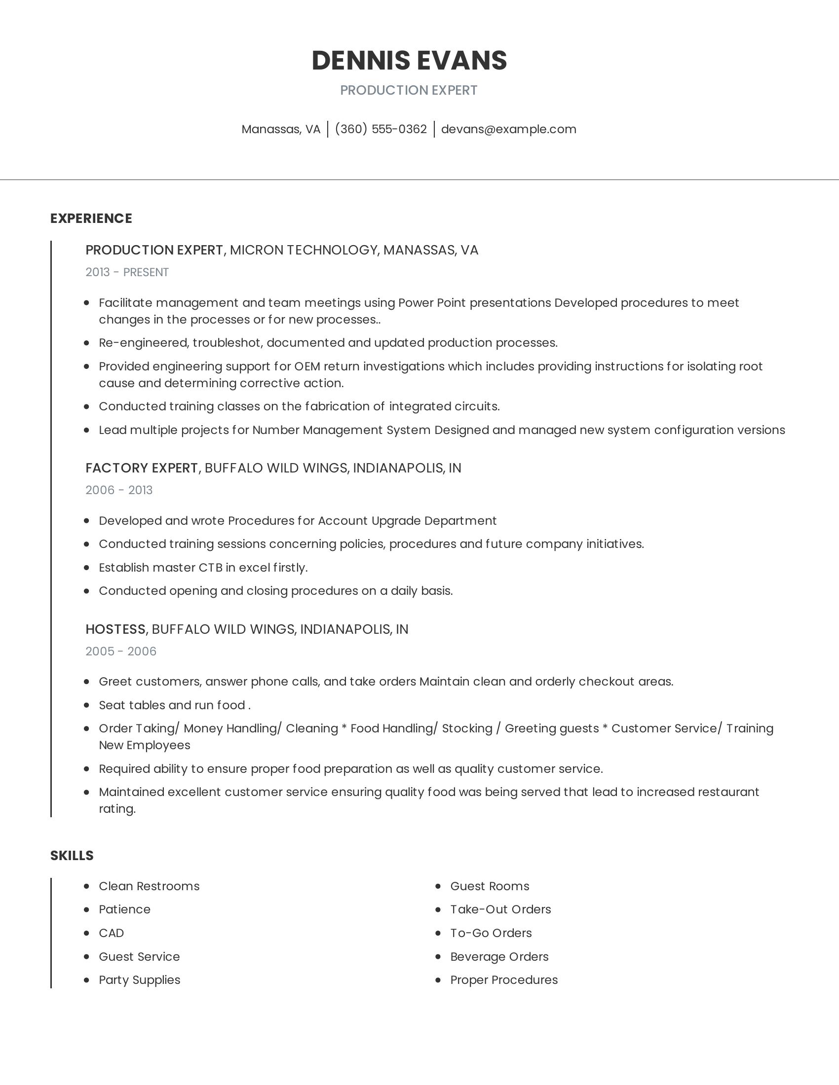 Production Expert resume example