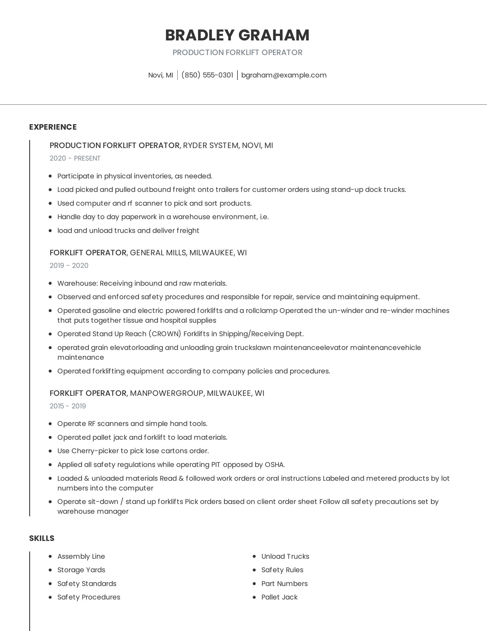 Production Forklift Operator resume example