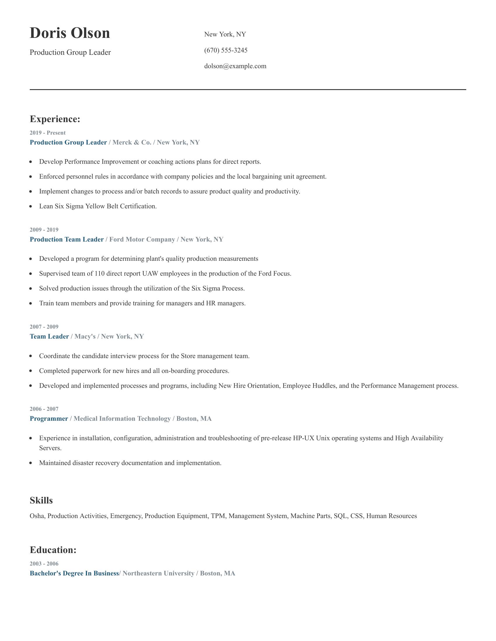 Production Group Leader resume example