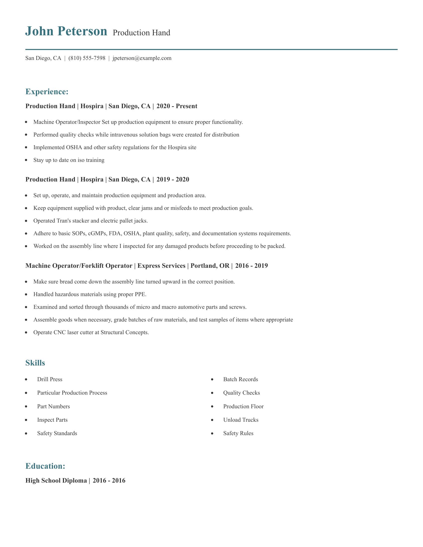 Production Hand resume example