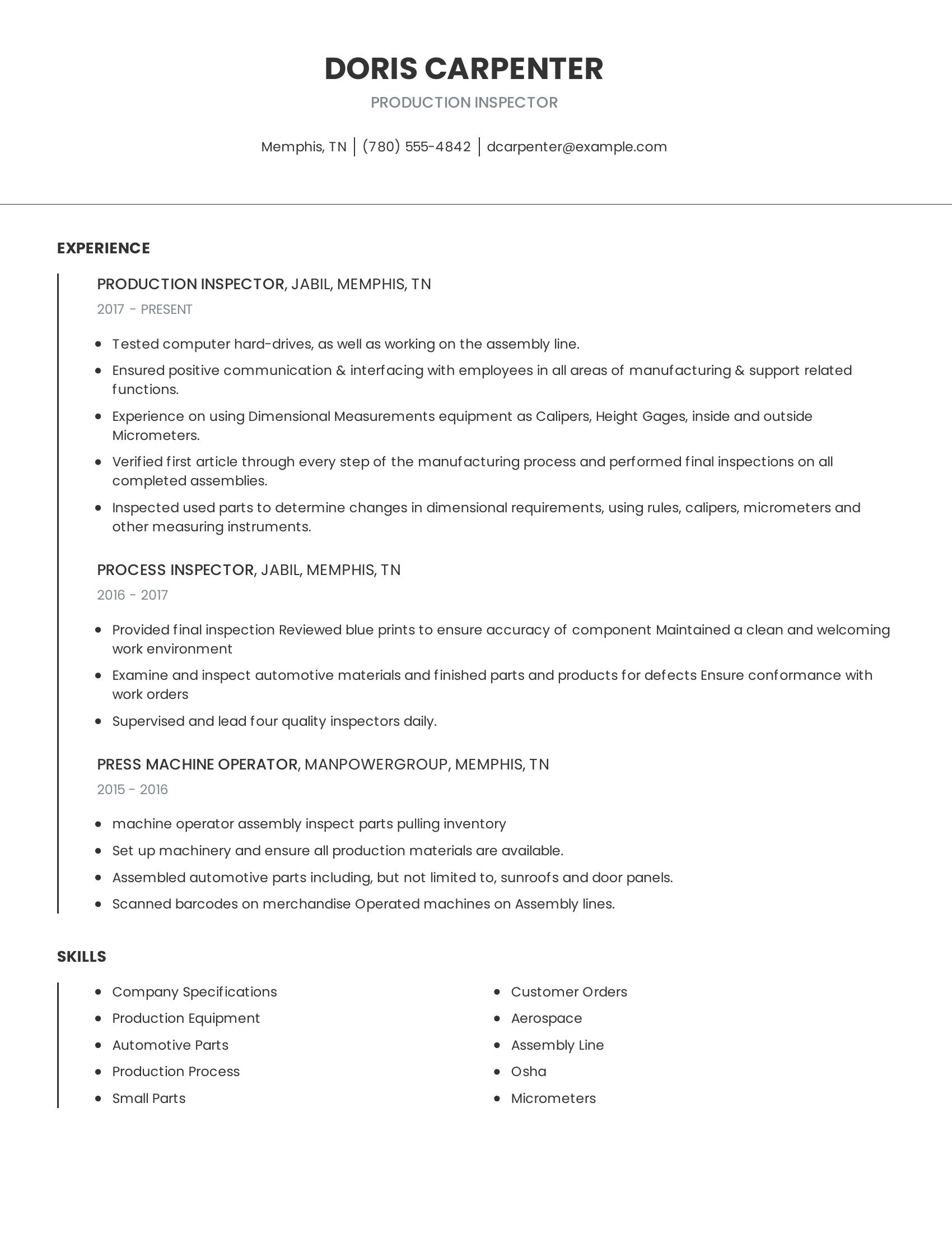 Production Inspector resume example