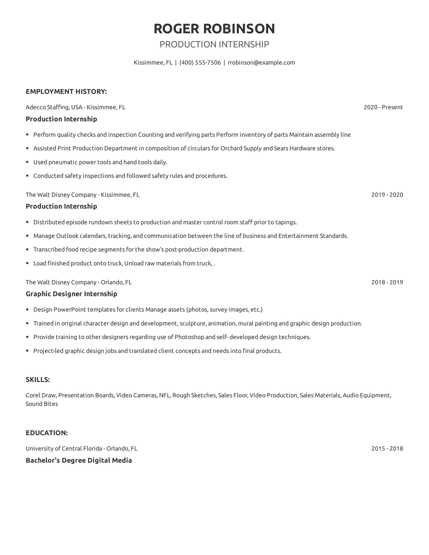 Production Internship resume example