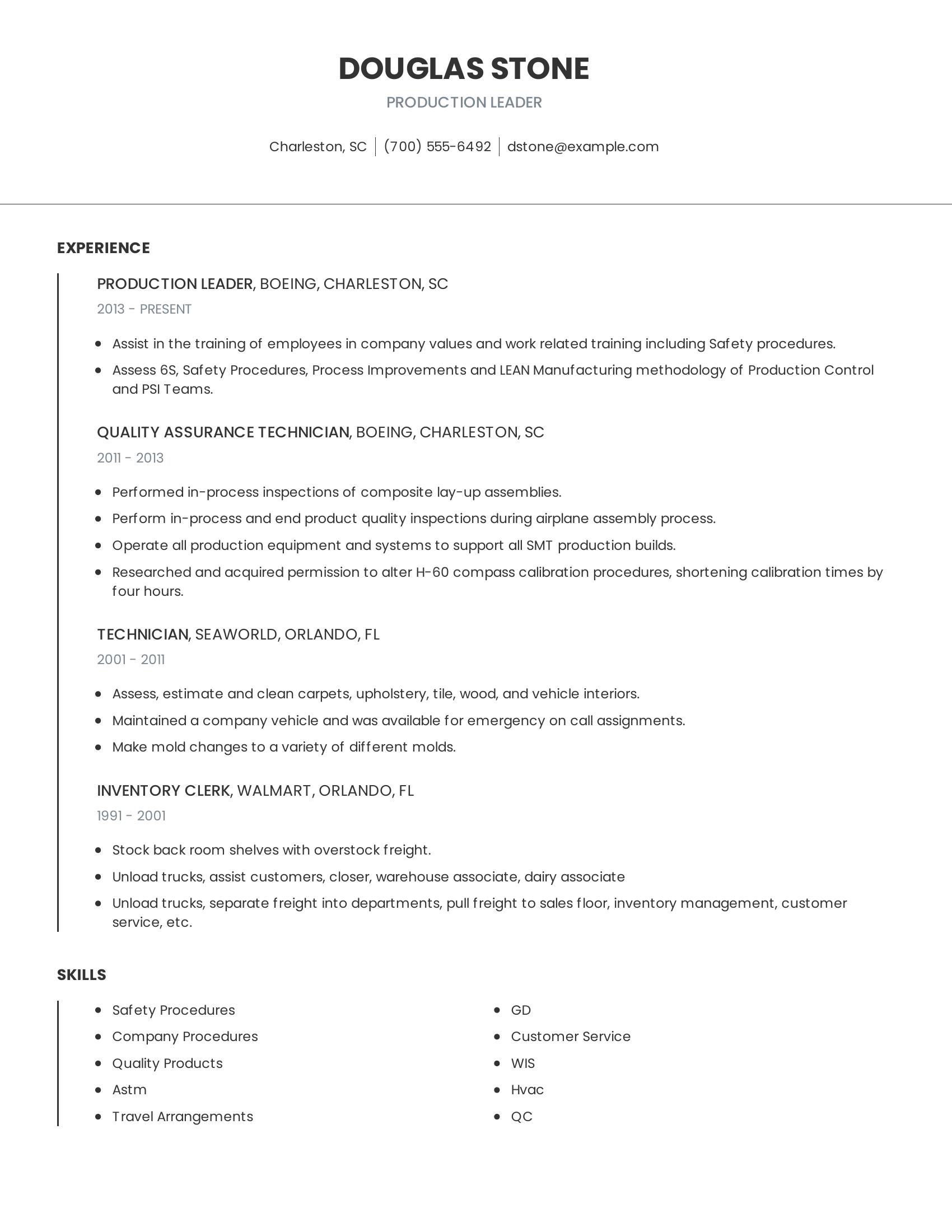 Production Leader resume example