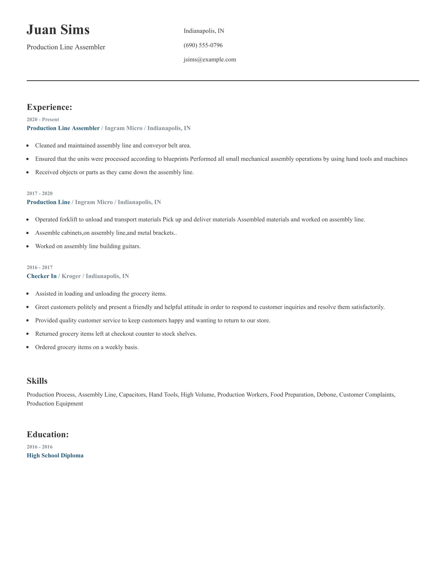 Production Line Assembler resume example