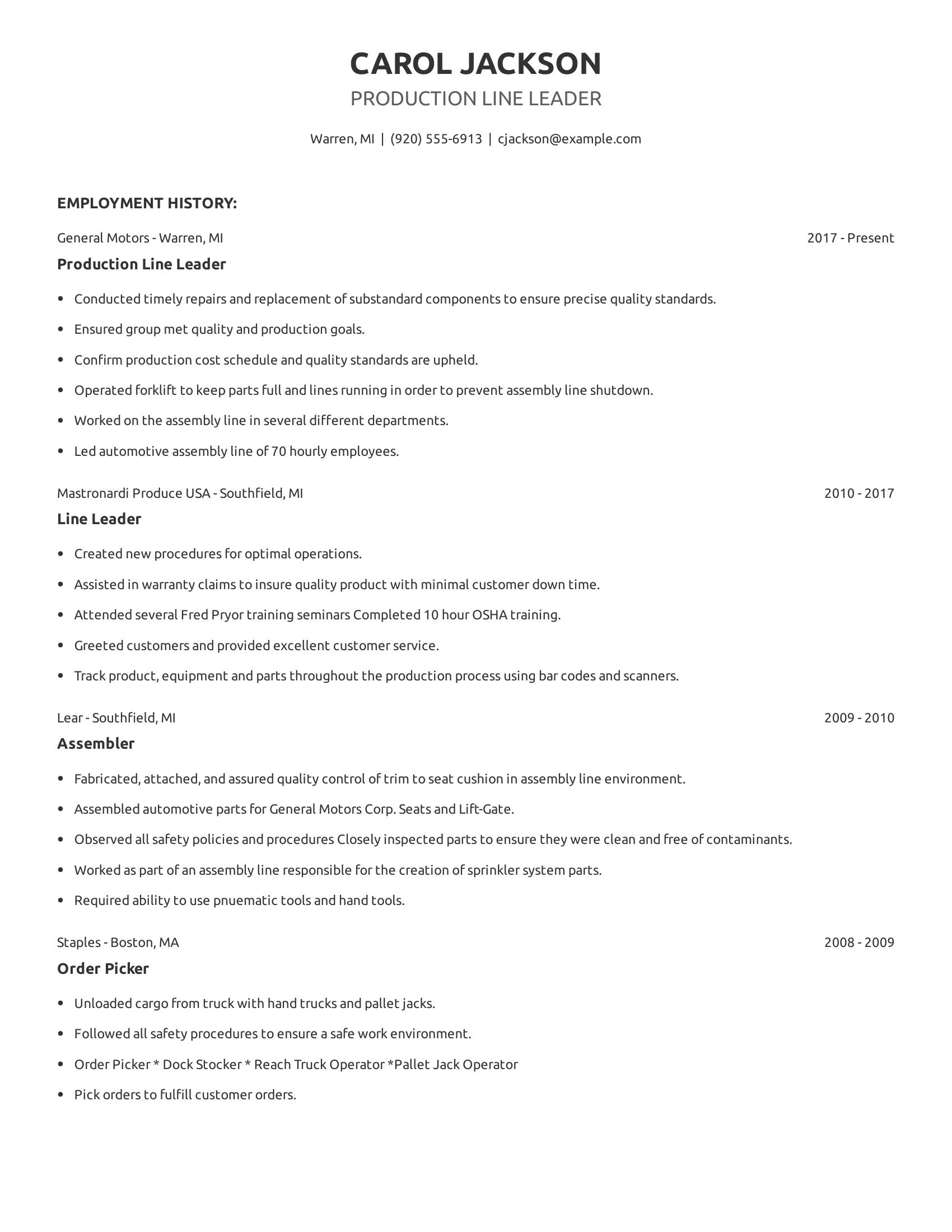 Production Line Leader resume example