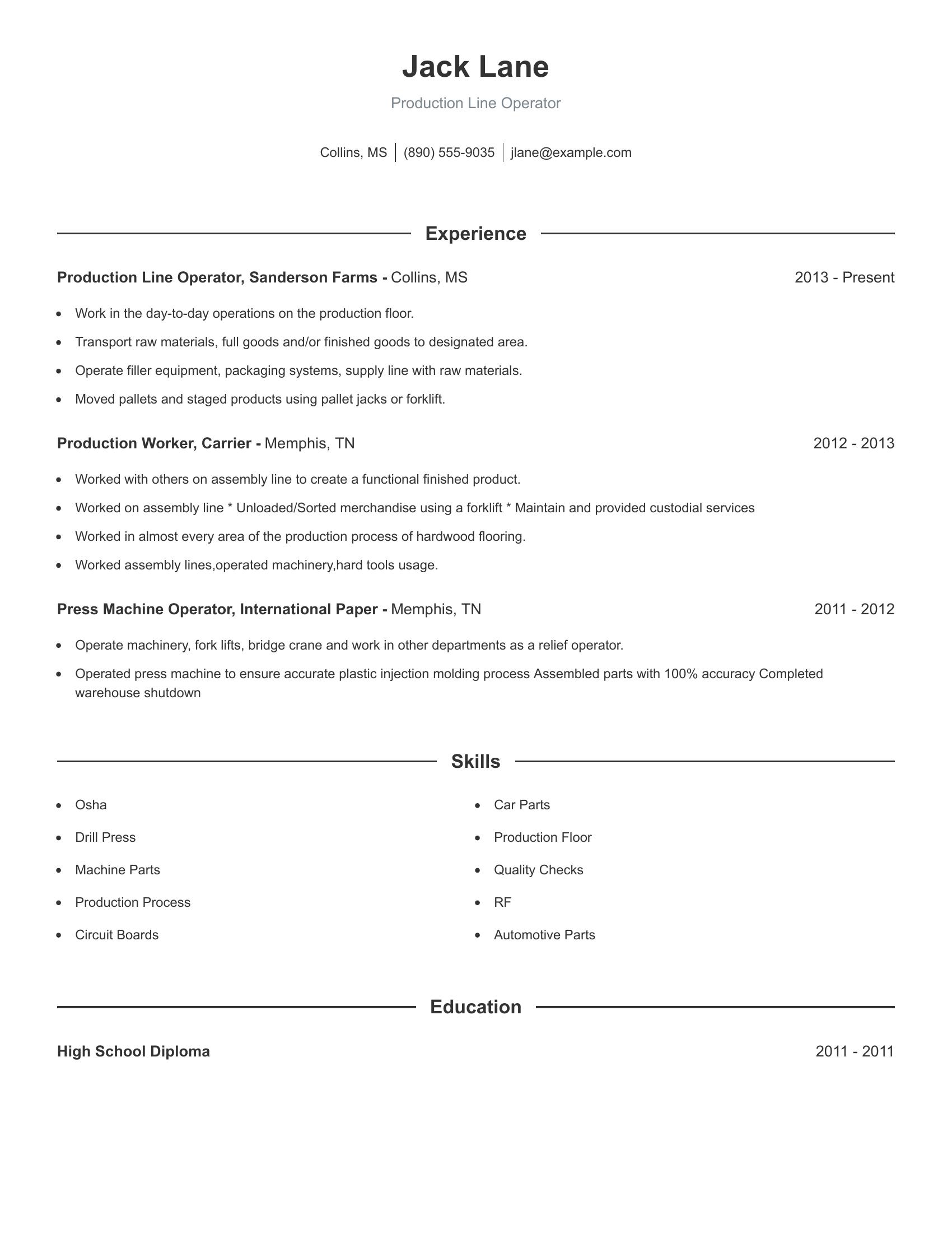 Production Line Operator resume example