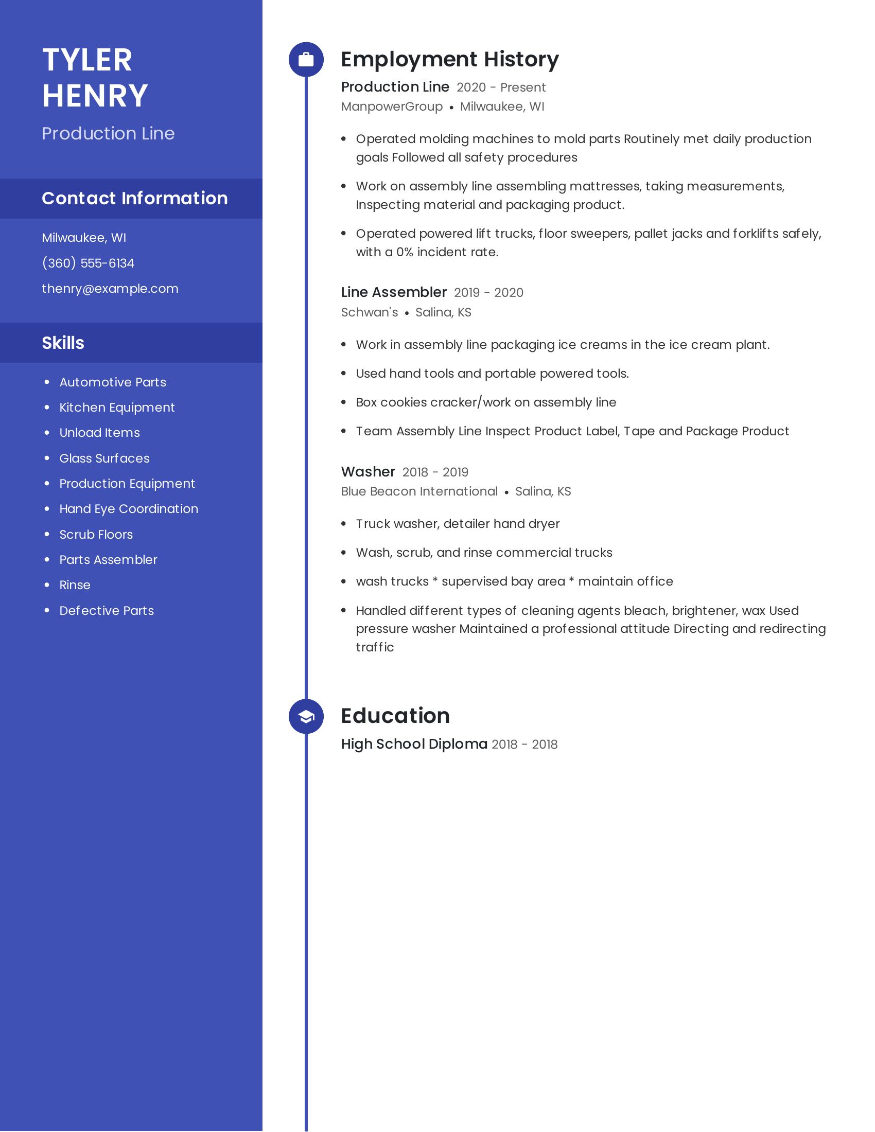 Production Line resume example