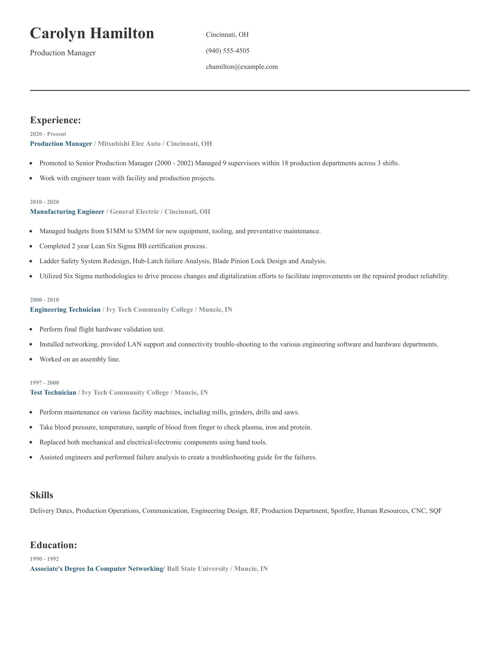 Production Manager resume example