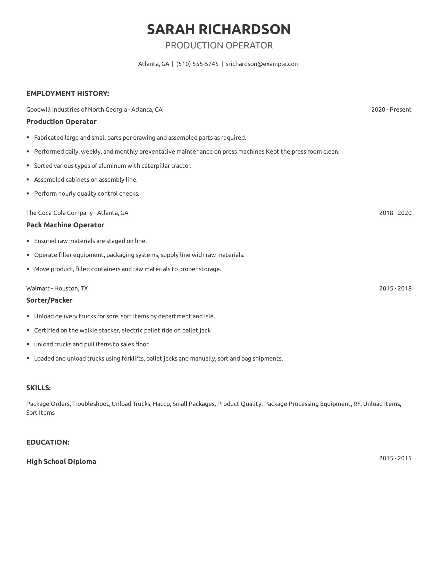 Production Operator resume example