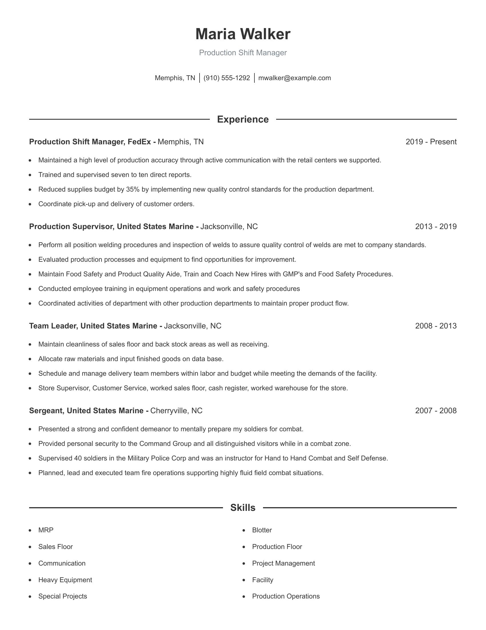 Production Shift Manager resume example