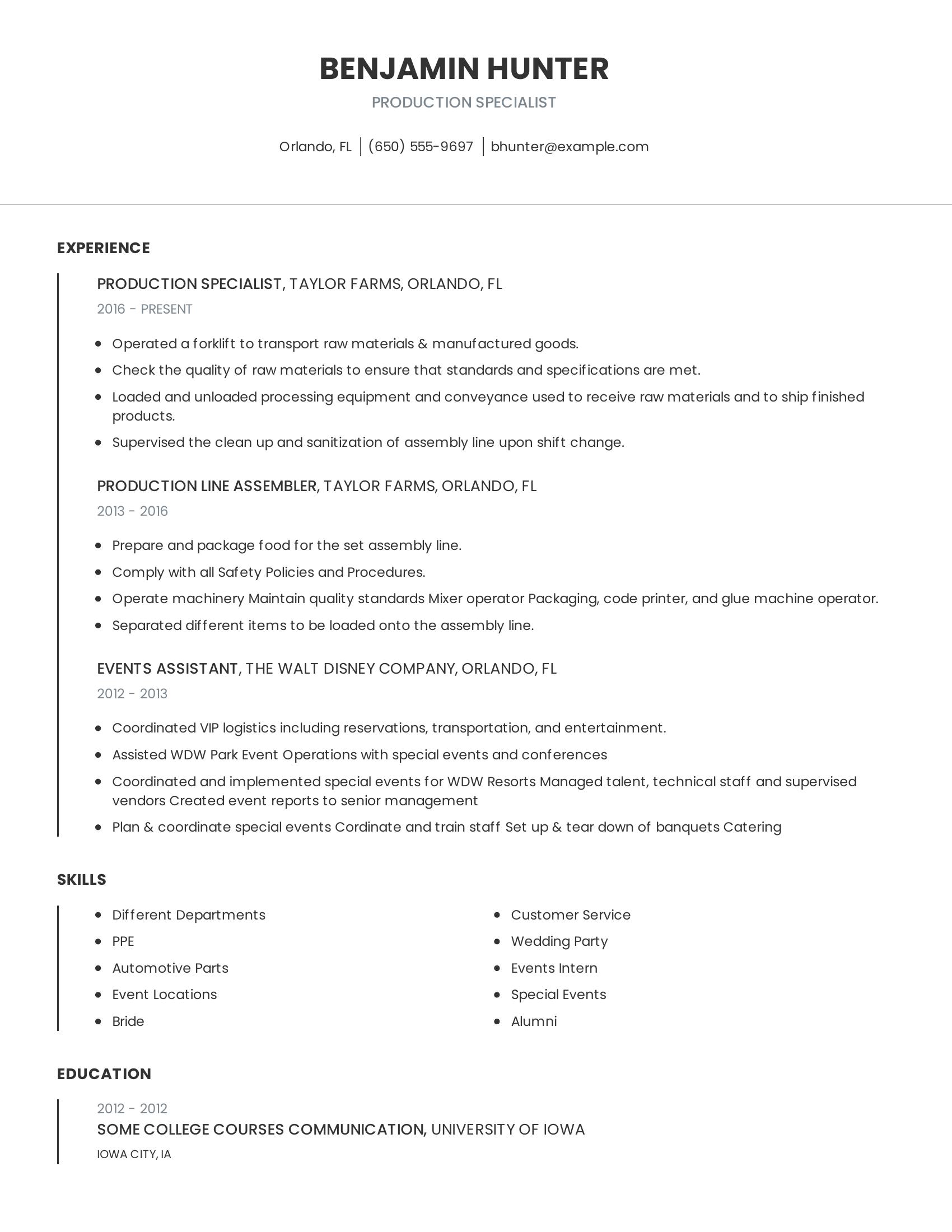 Production Specialist resume example