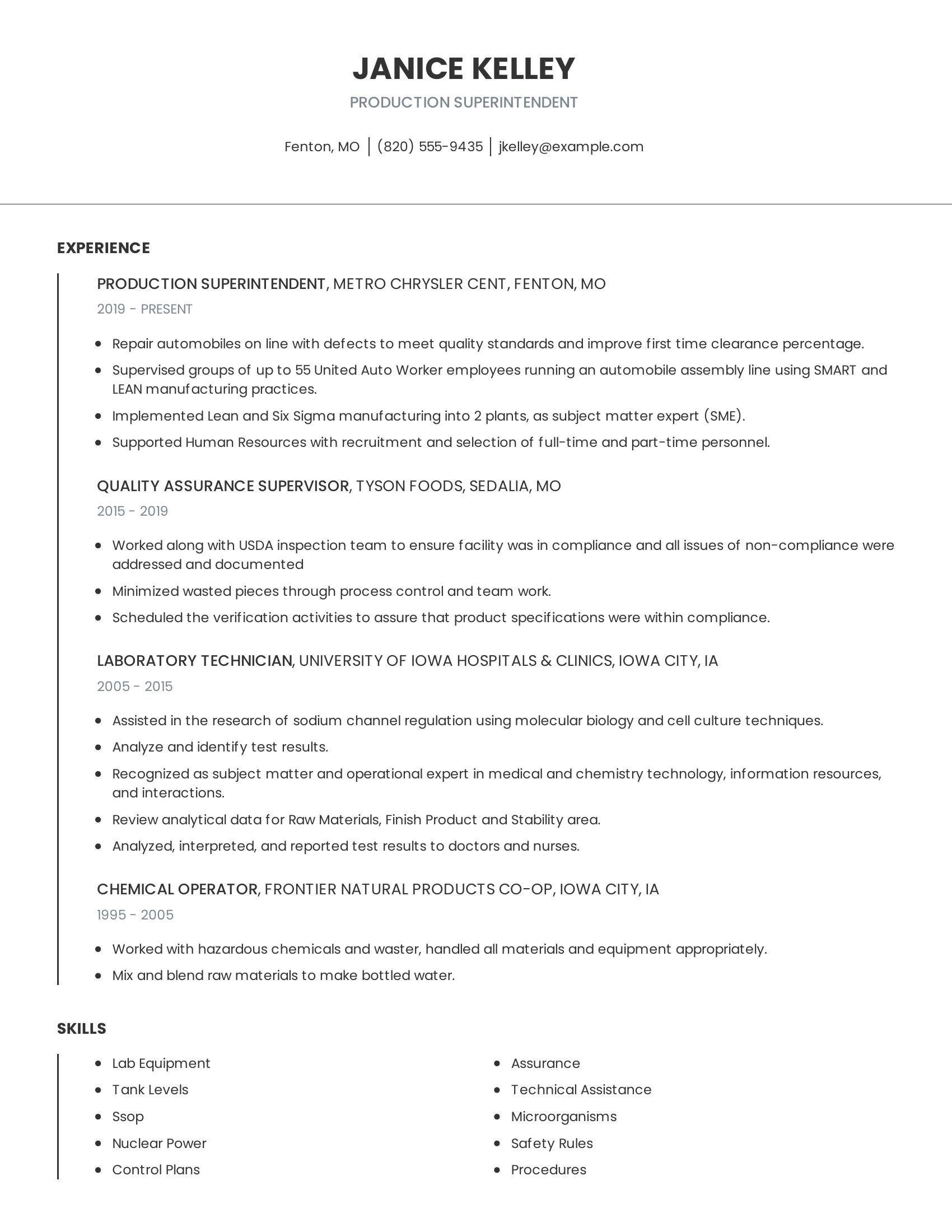 Production Superintendent resume example