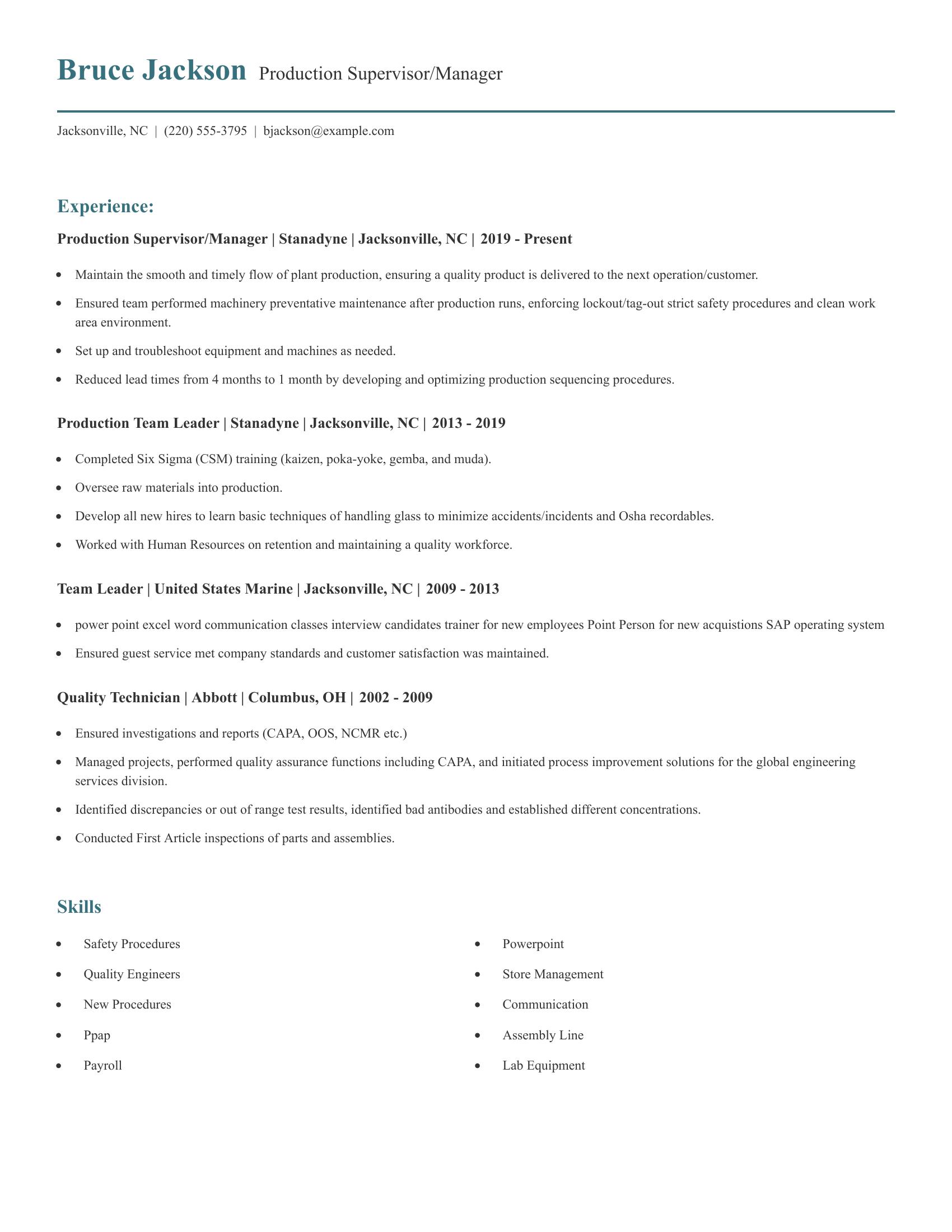 Production Supervisor/Manager resume example