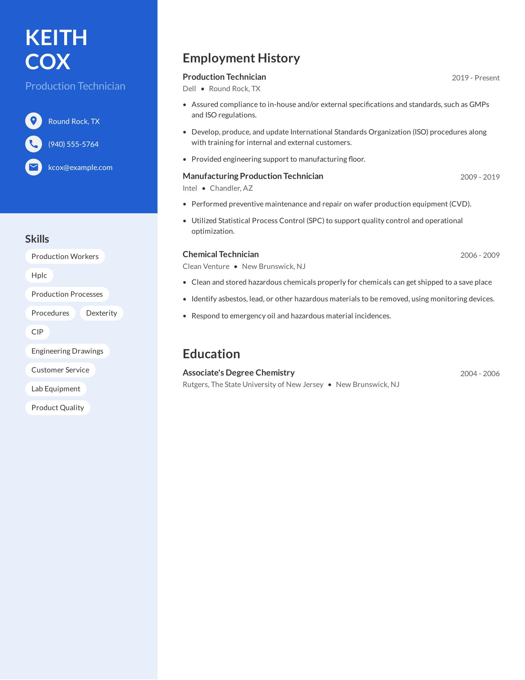 Production Technician resume example