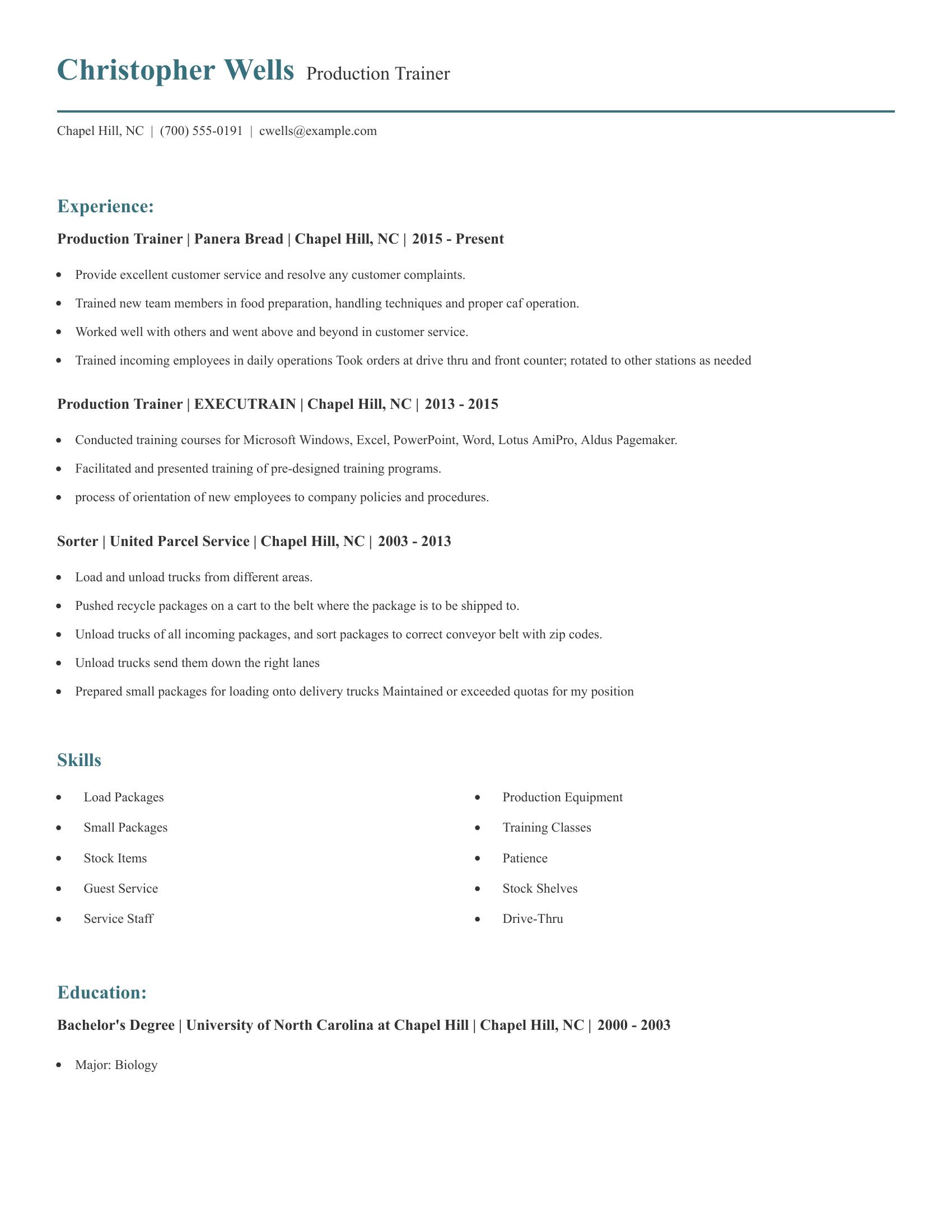 Production Trainer resume example