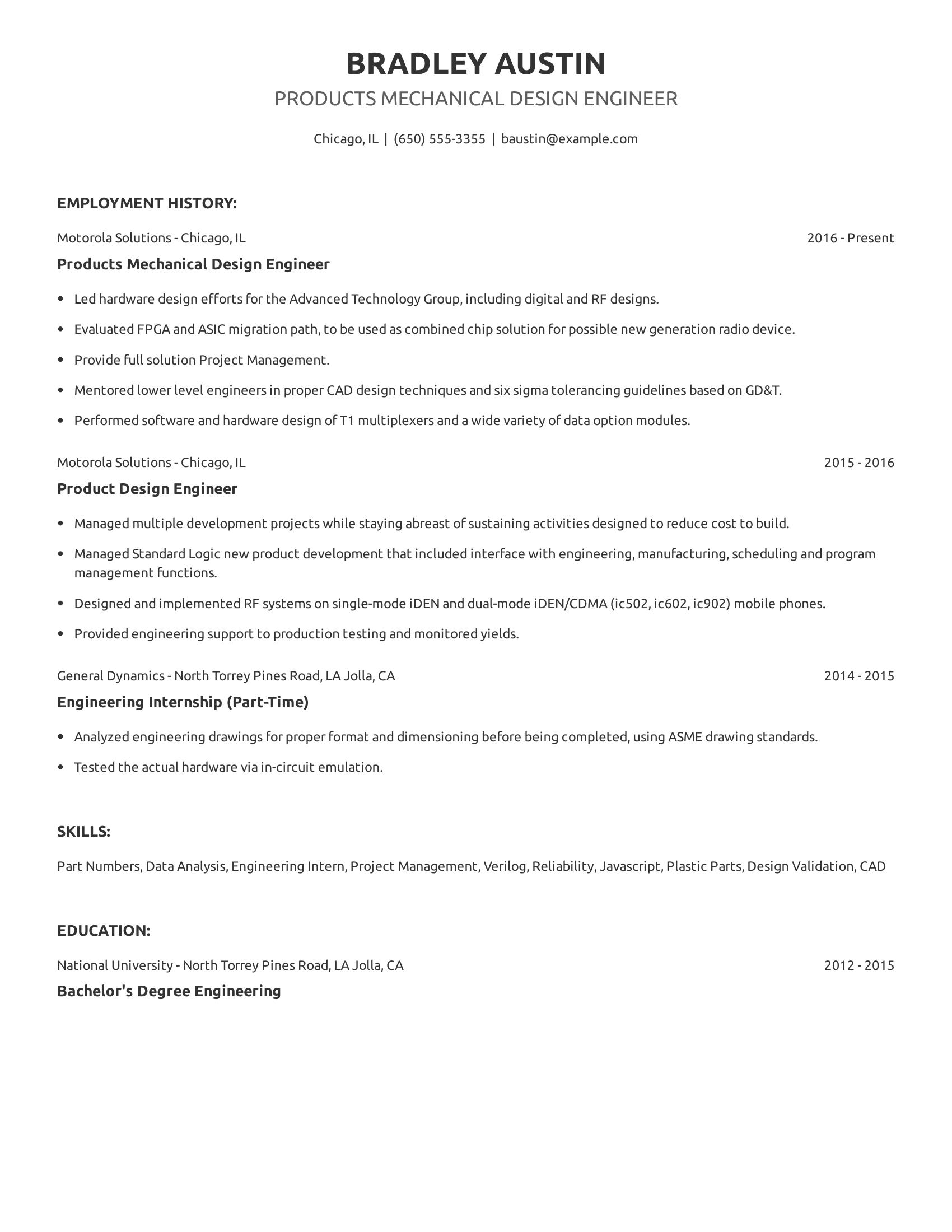 Products Mechanical Design Engineer resume example