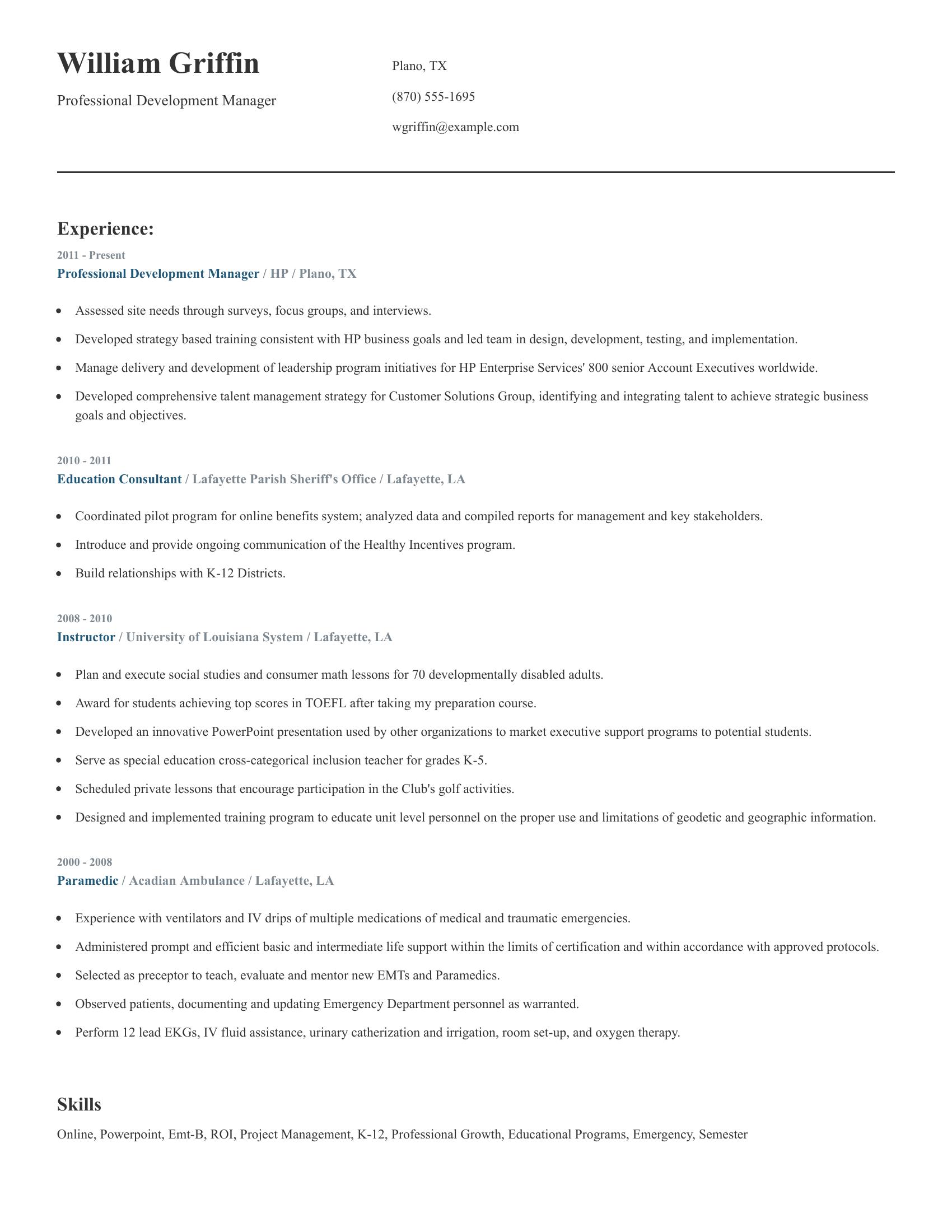 Professional Development Manager resume example