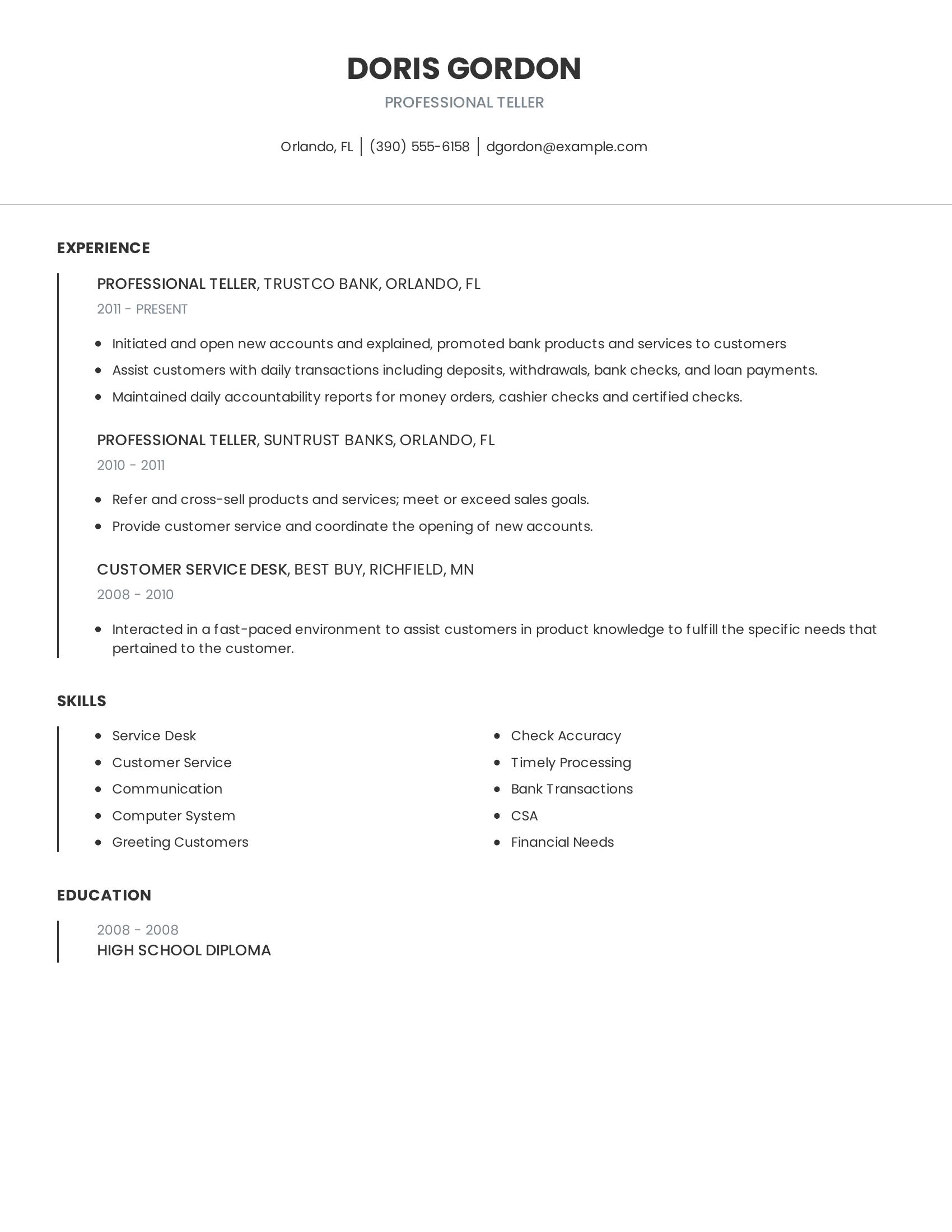 Professional Teller resume example