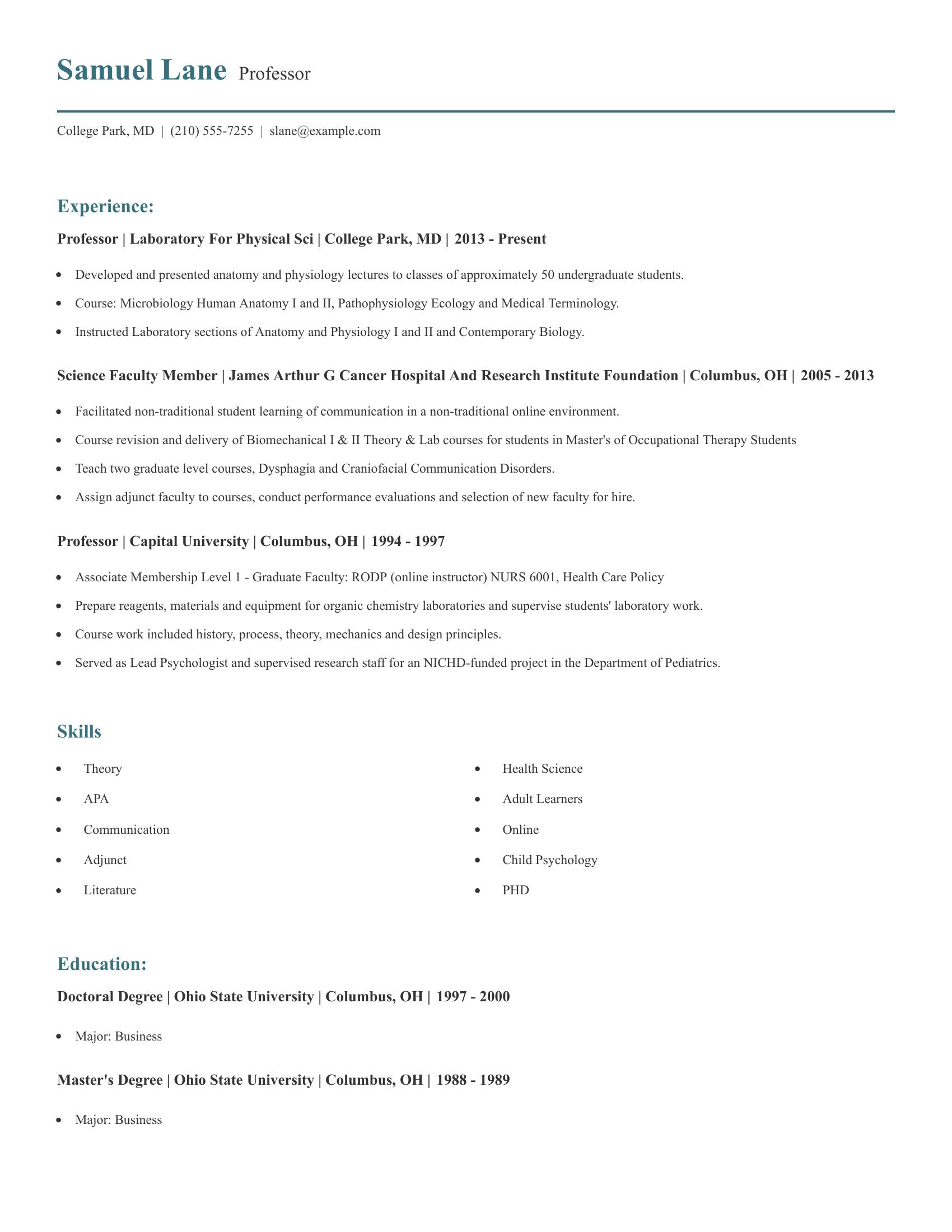 Professor resume example