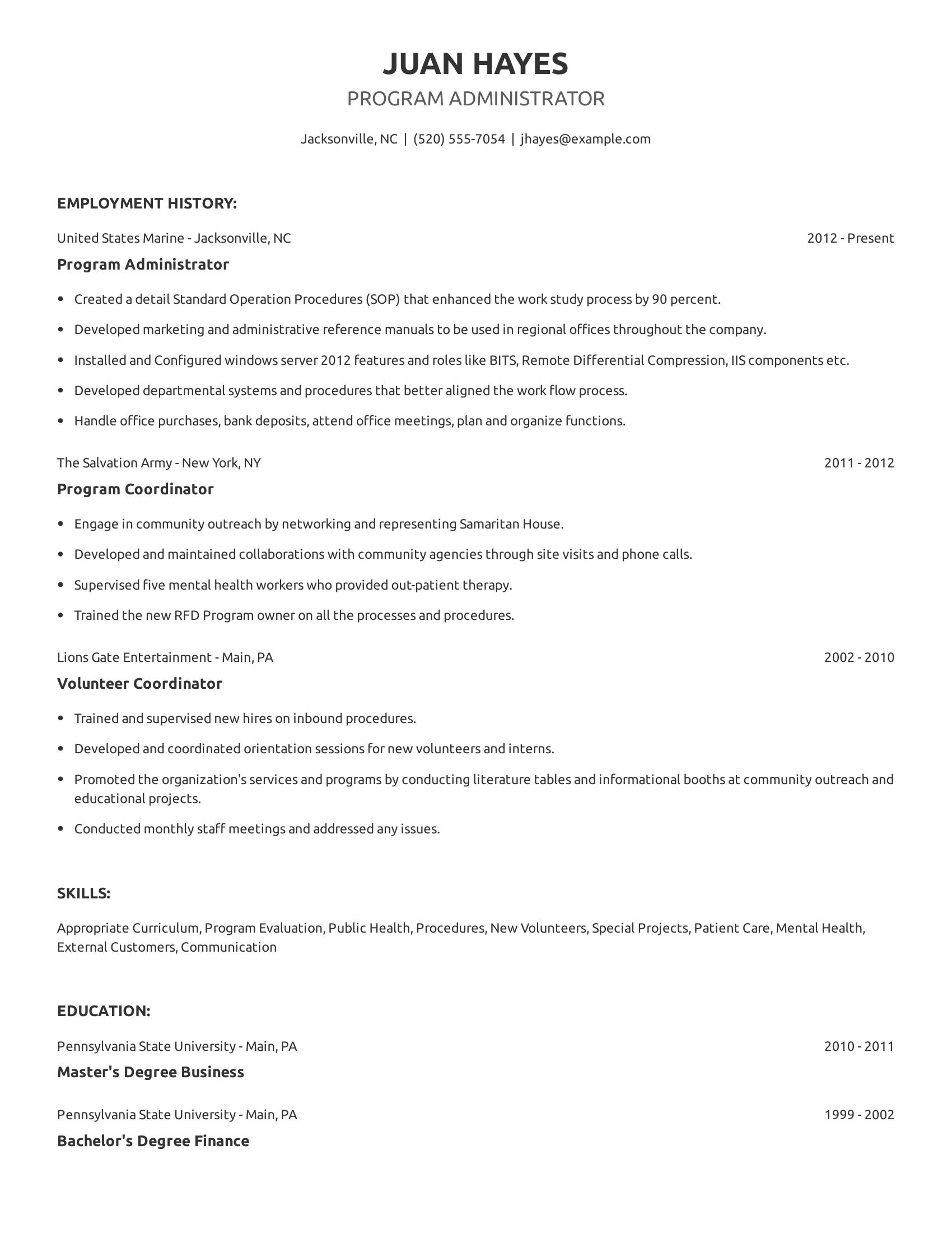 Program Administrator resume example