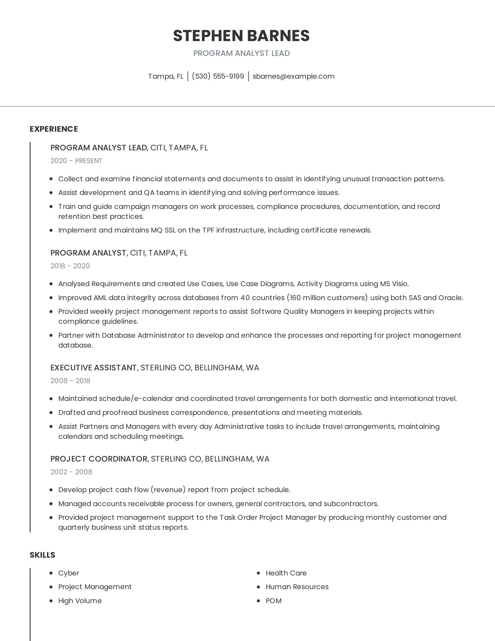 Program Analyst Lead resume example