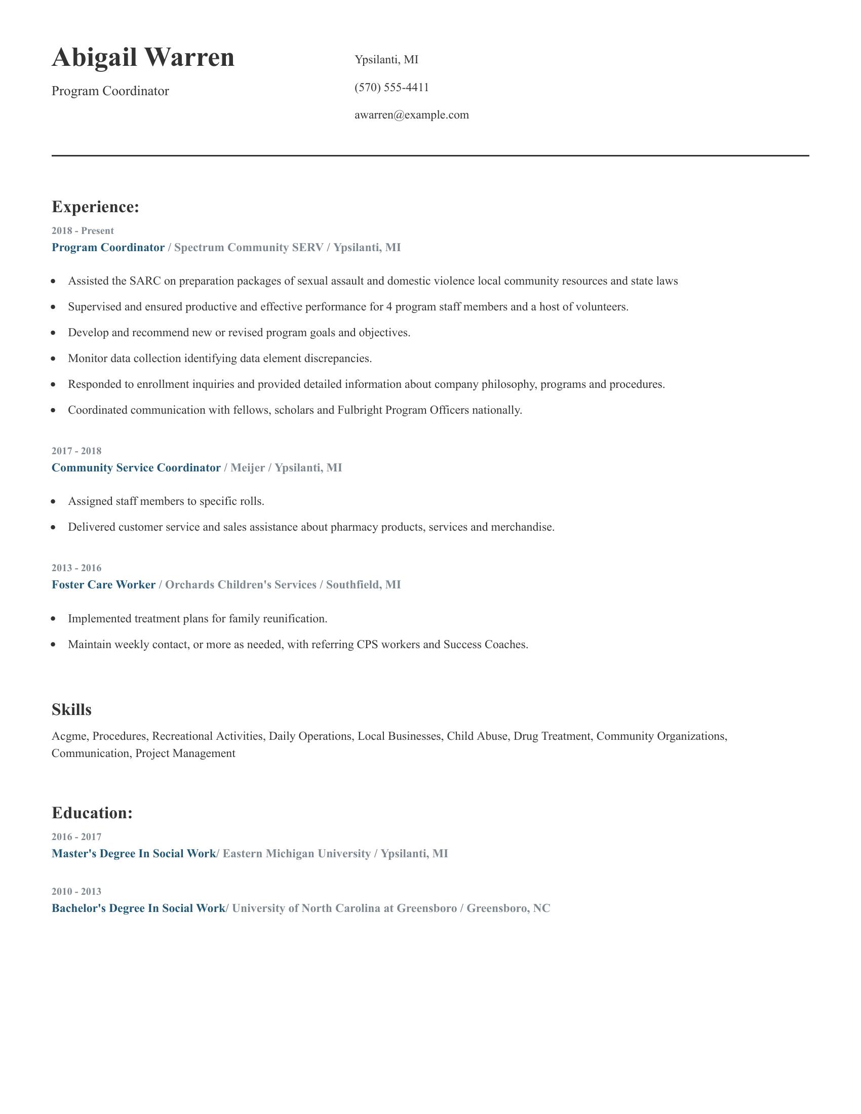 Program Coordinator resume example