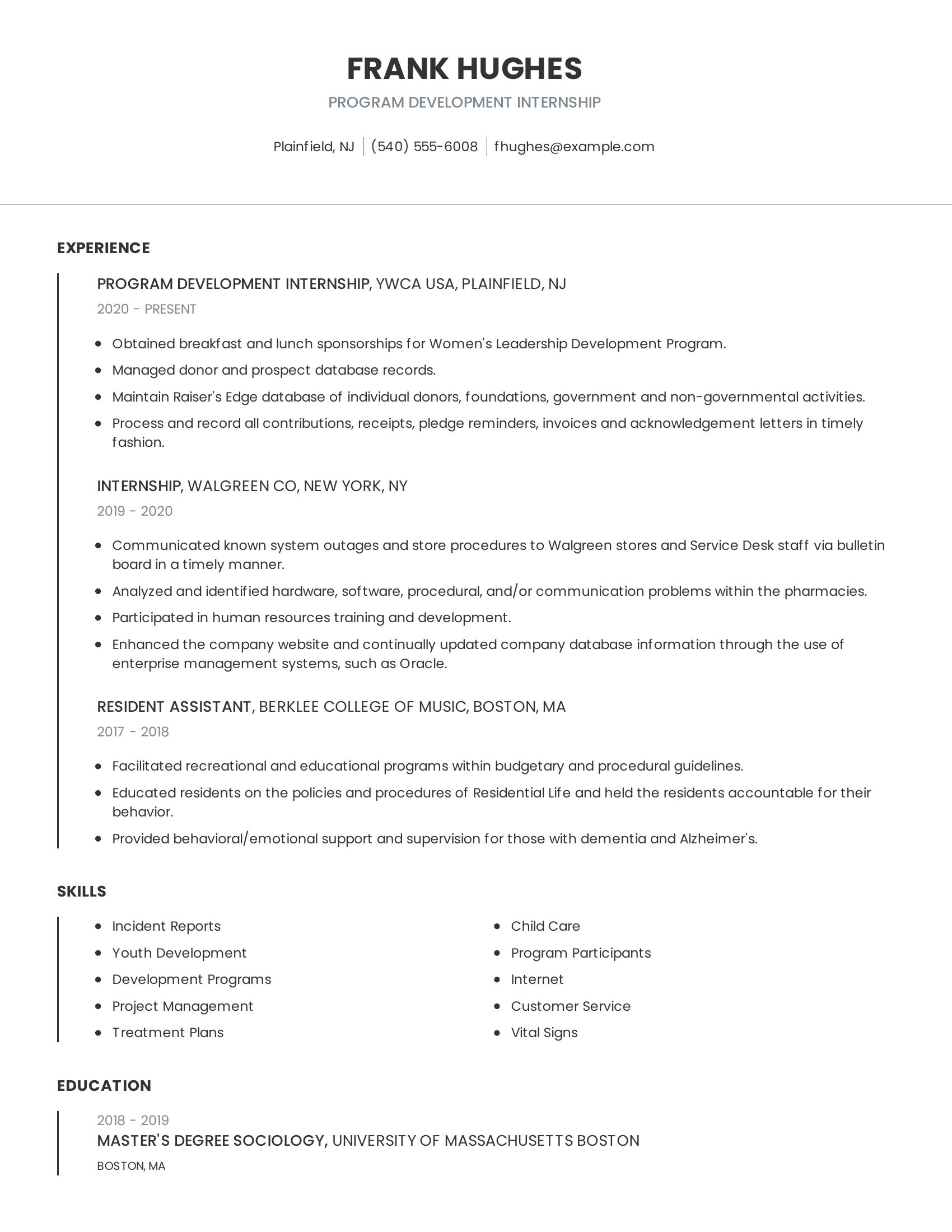 Program Development Internship resume example