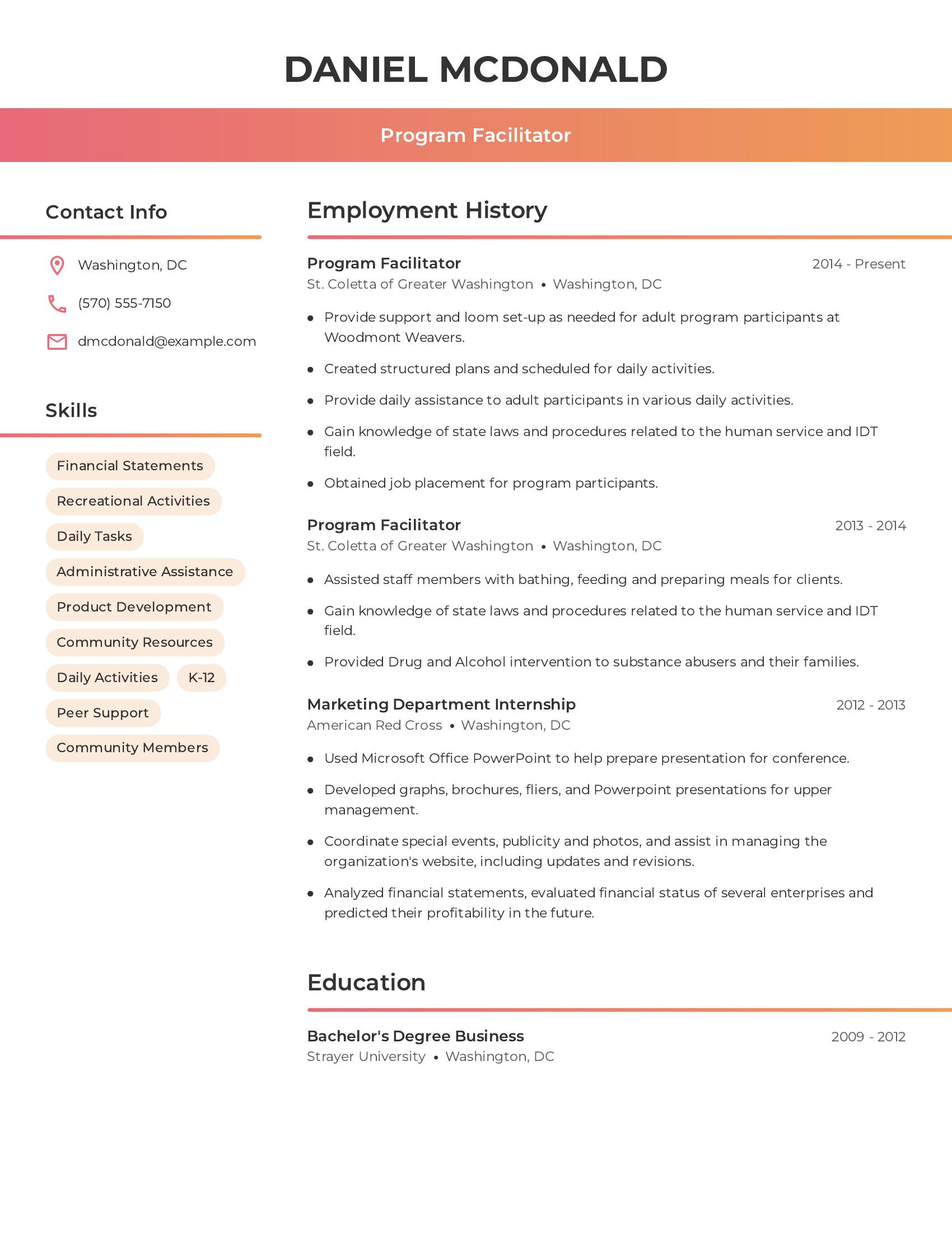 Program Facilitator resume example
