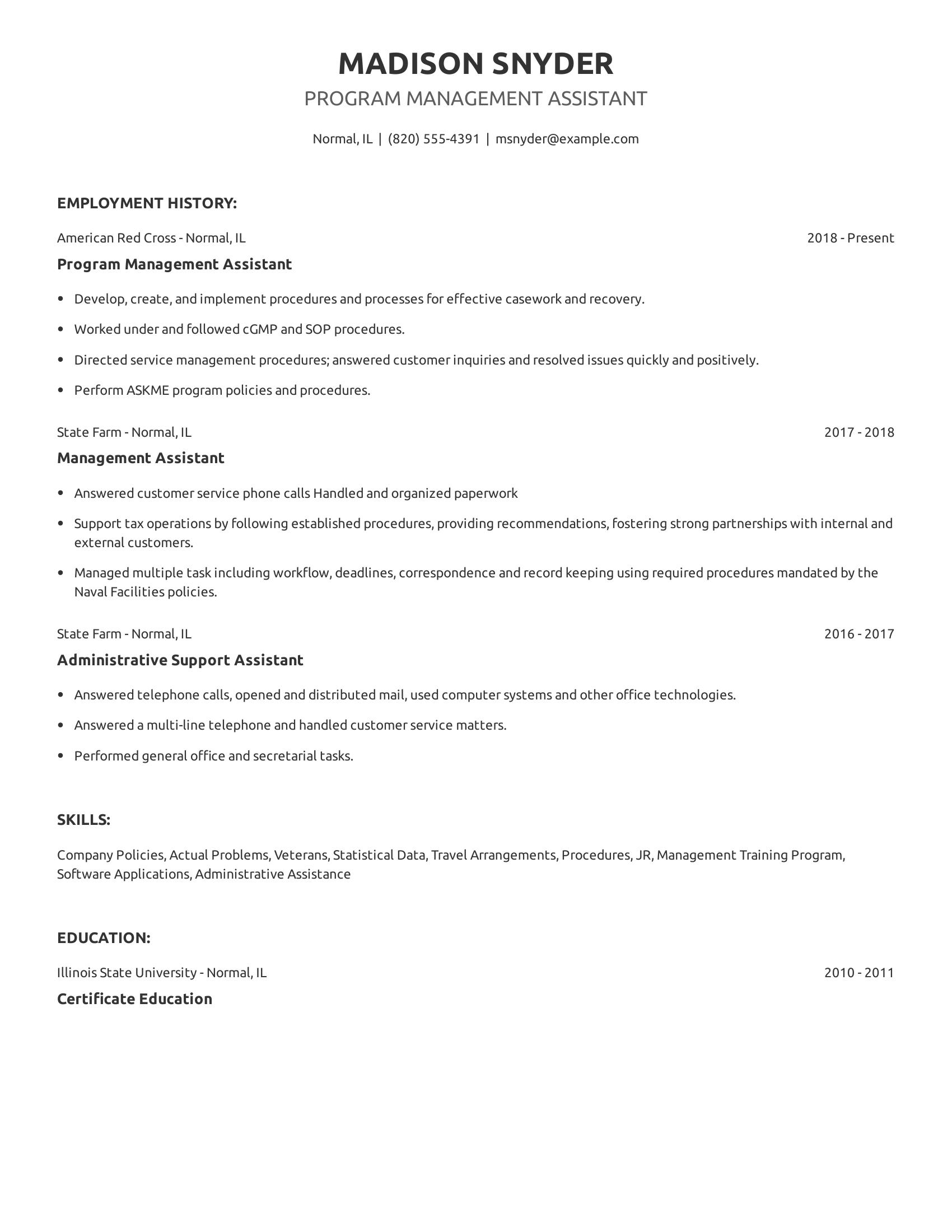 Program Management Assistant resume example