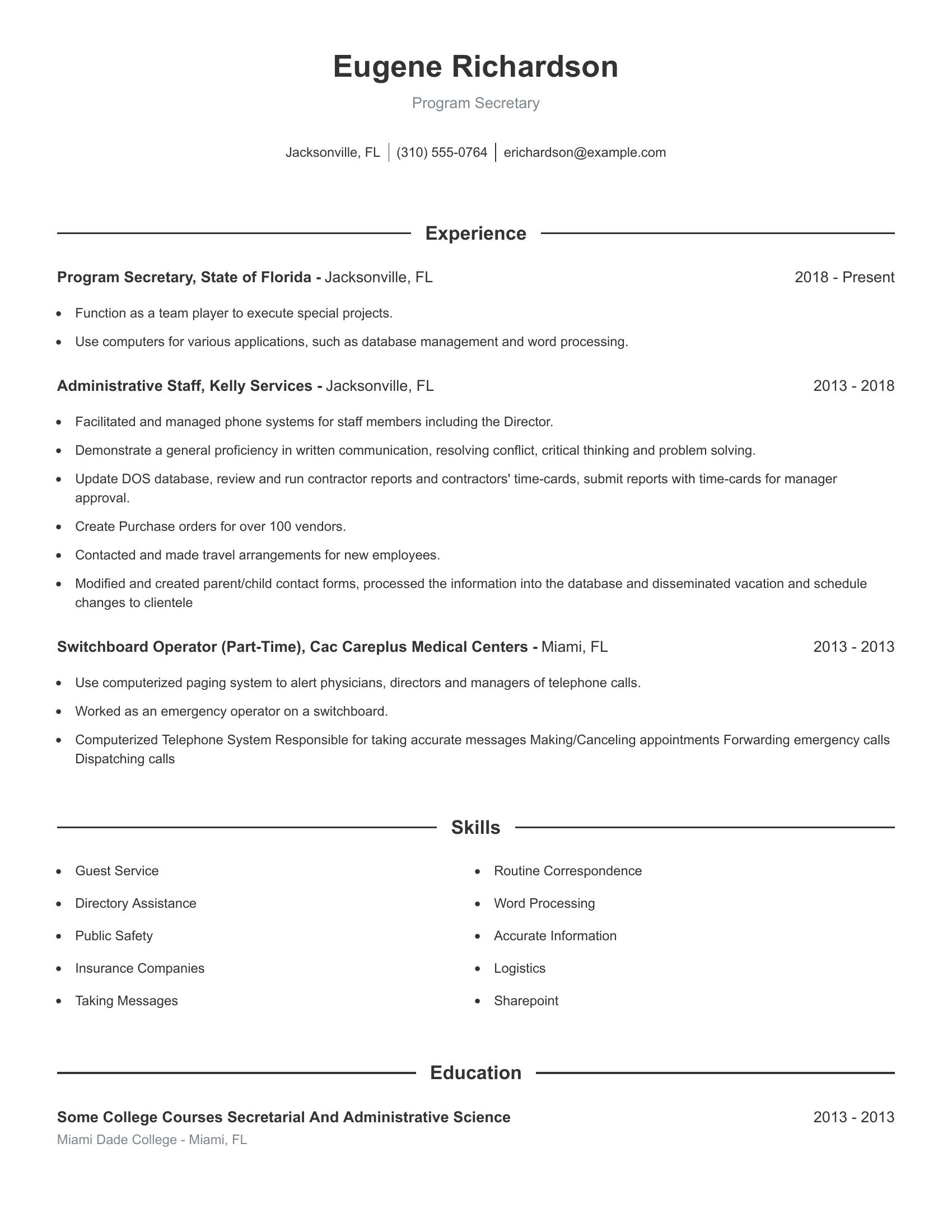 Program Secretary resume example