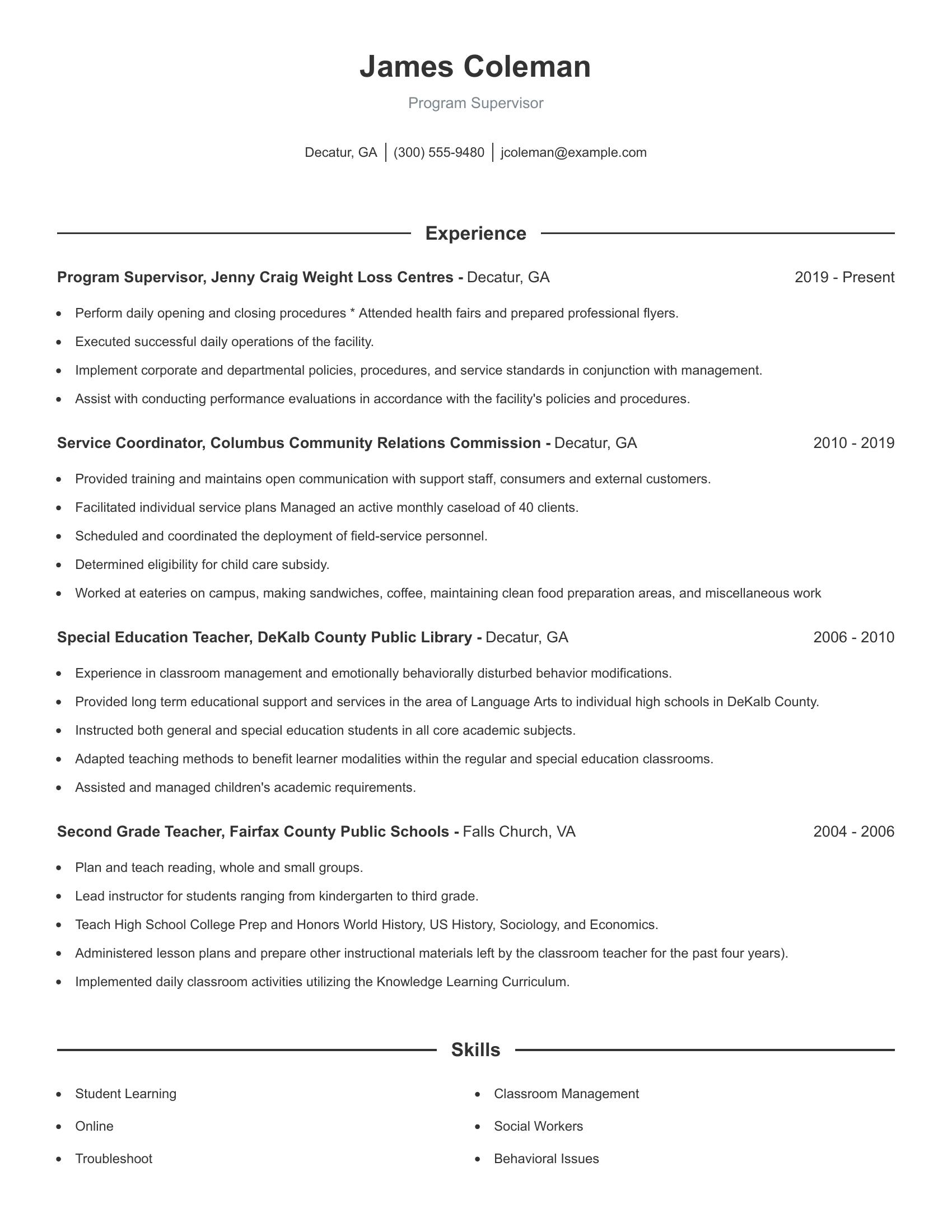 Program Supervisor resume example