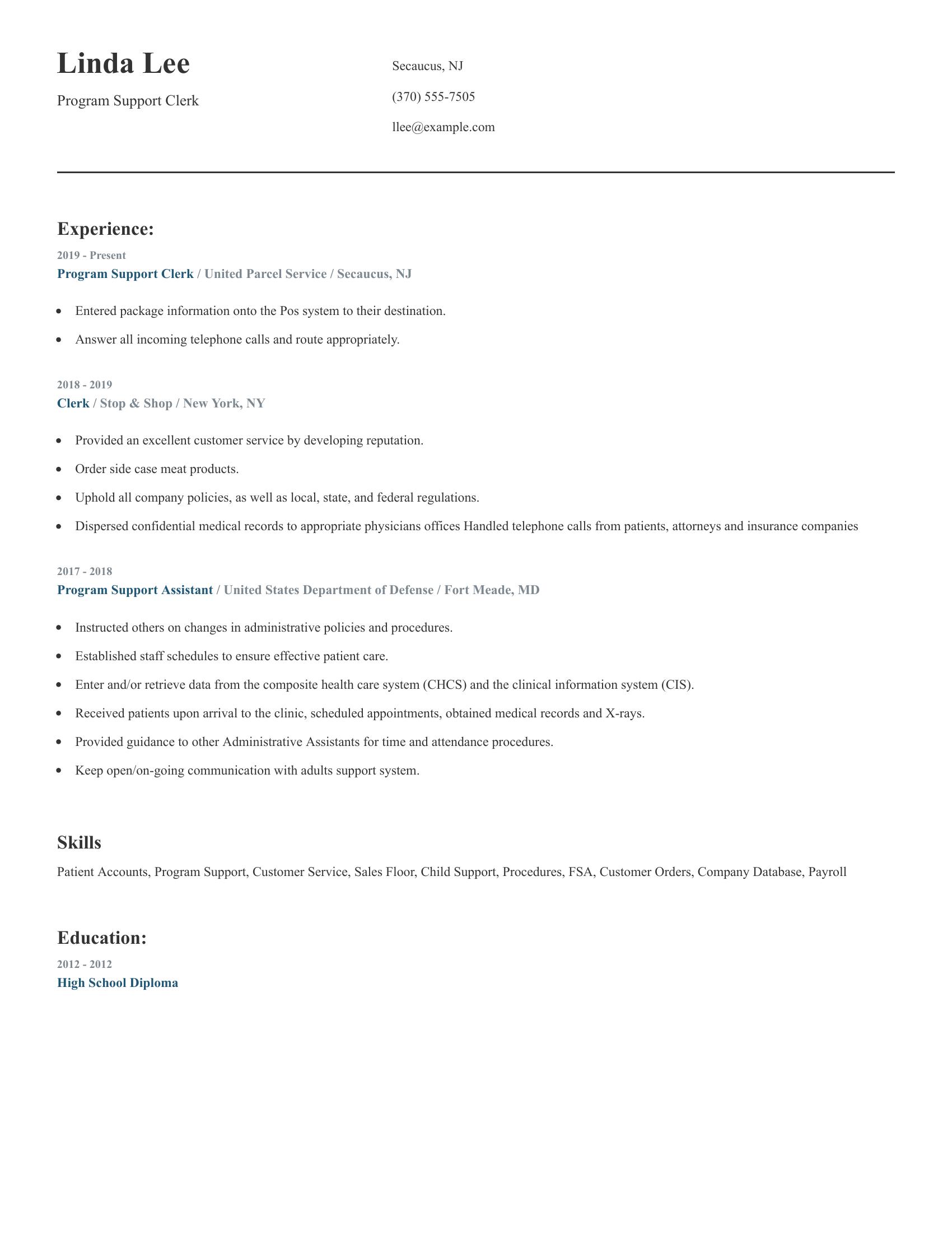 Program Support Clerk resume example