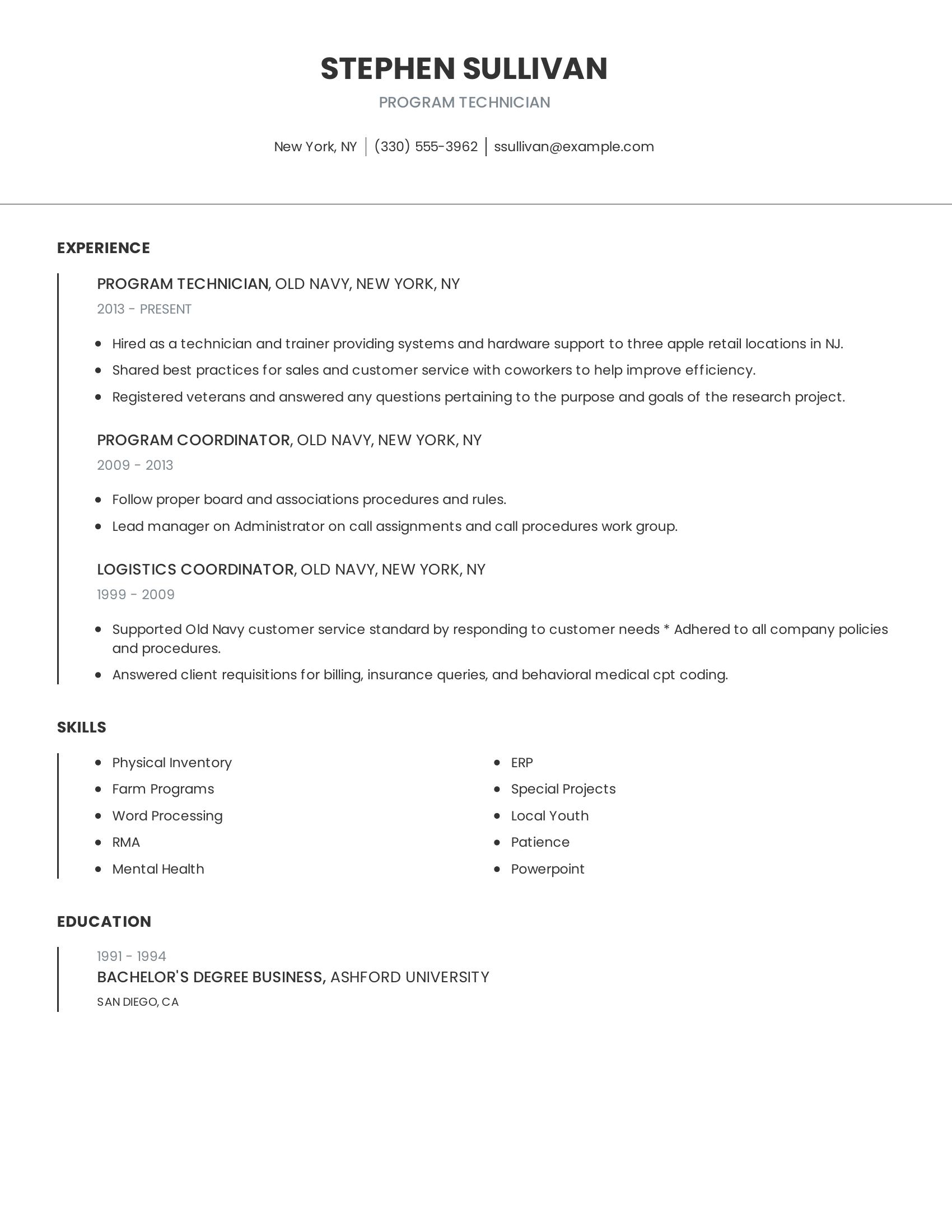 Program Technician resume example