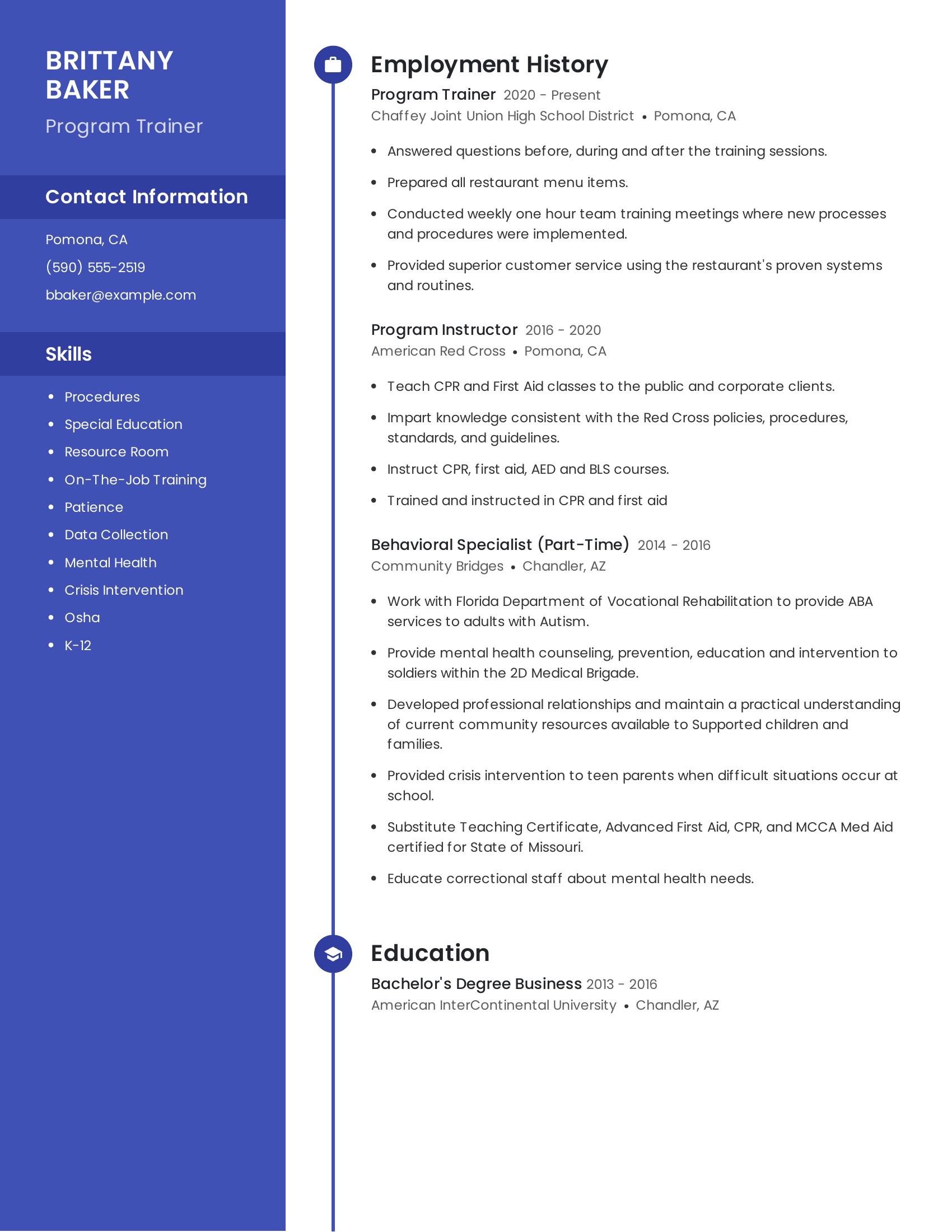 Program Trainer resume example