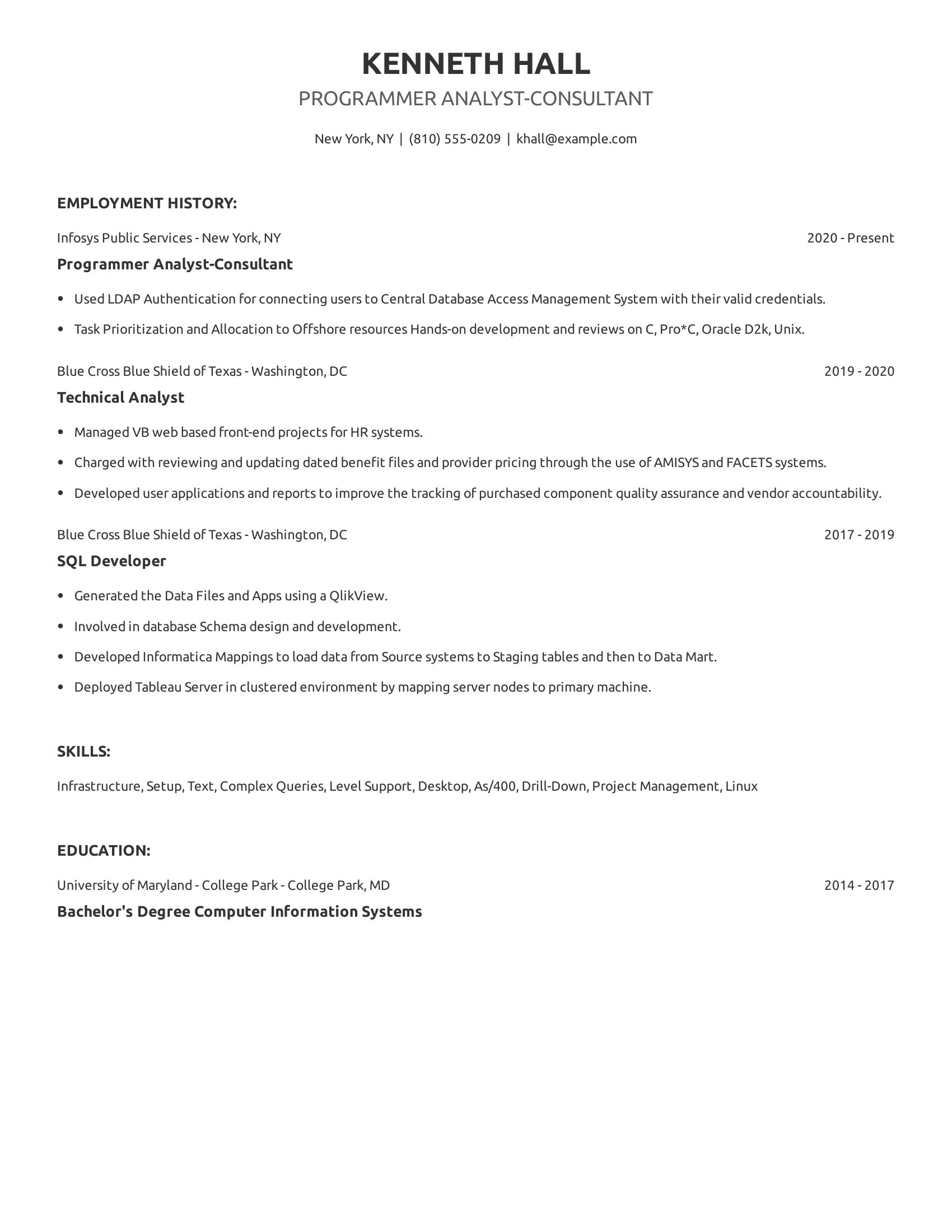 Programmer Analyst-Consultant resume example