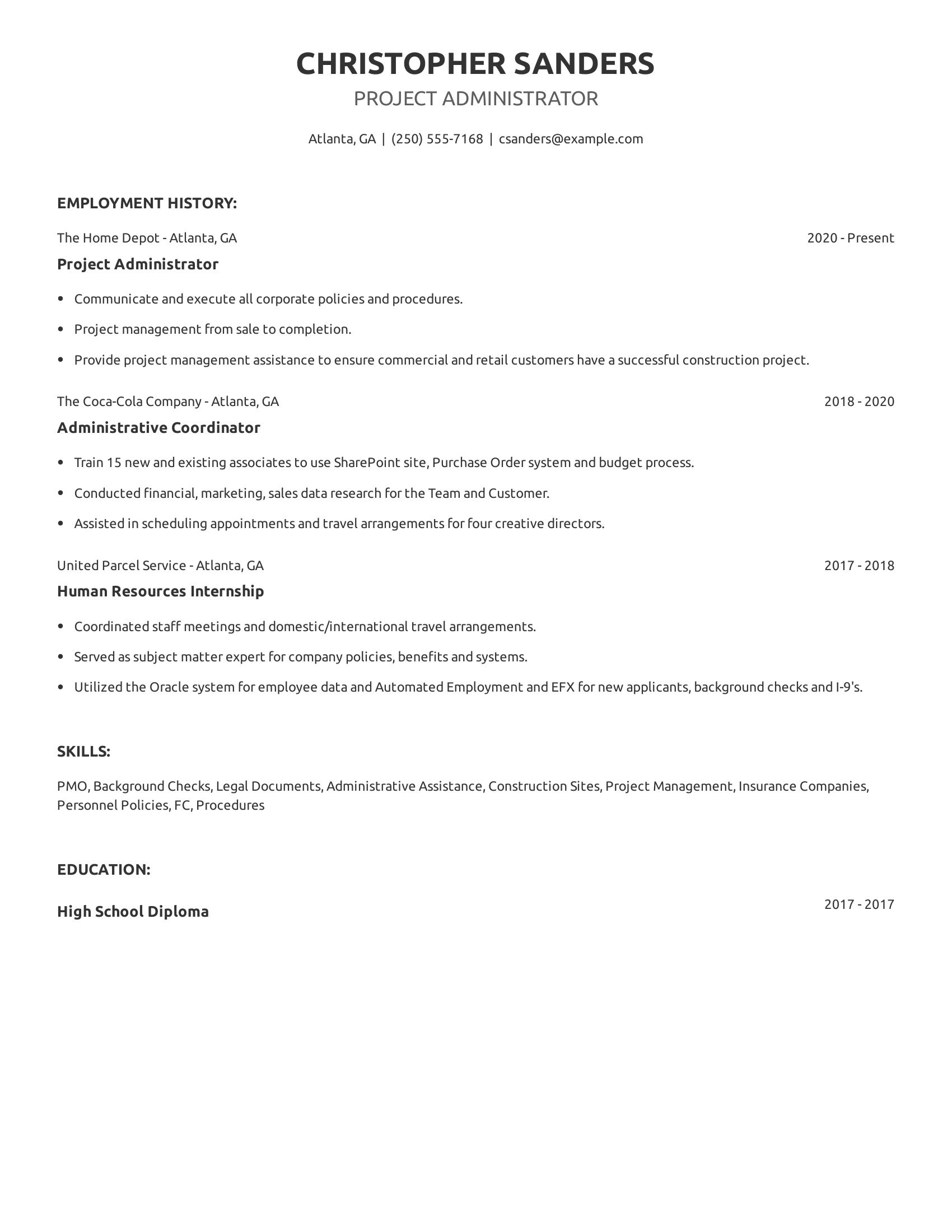 Project Administrator resume example