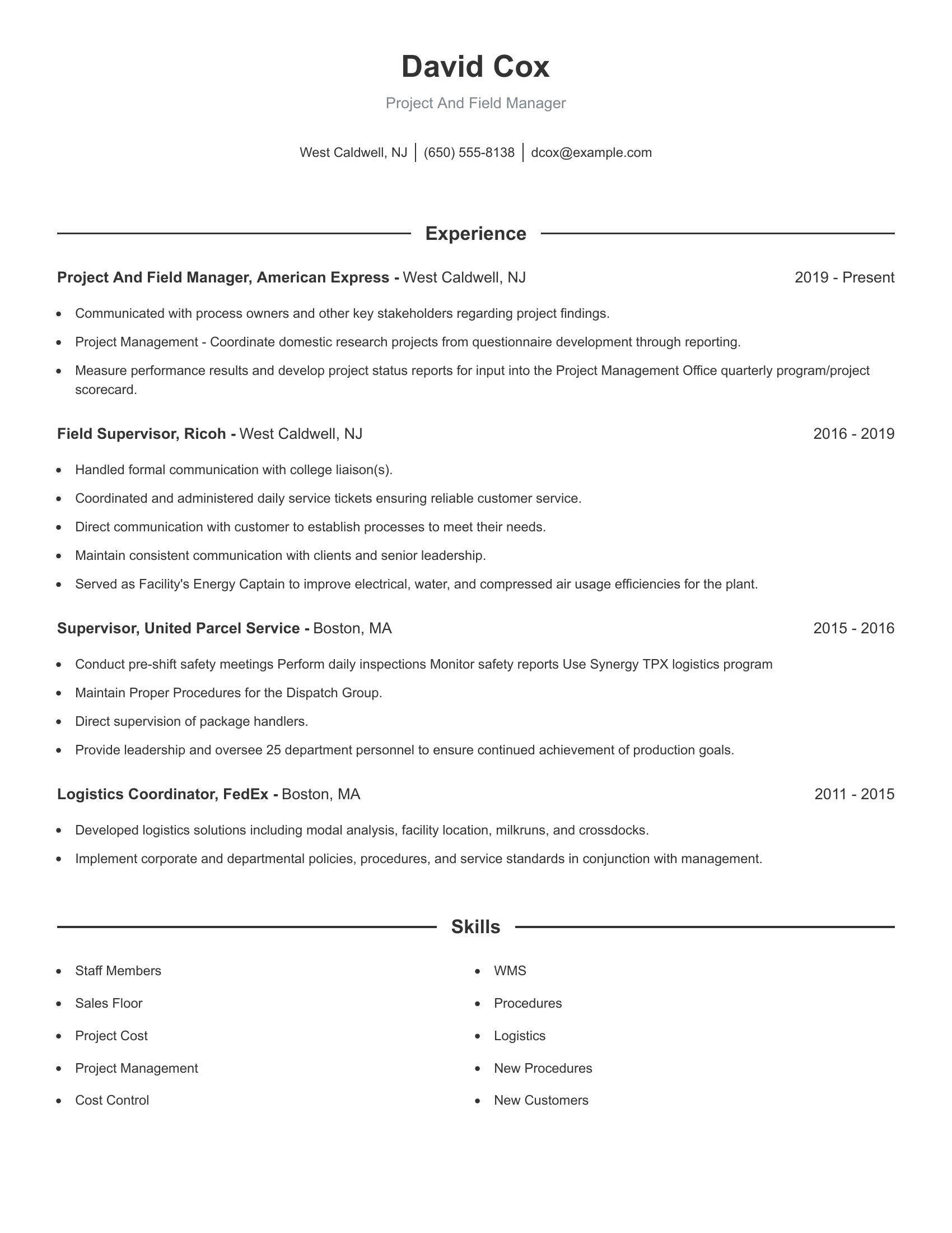 Project And Field Manager resume example