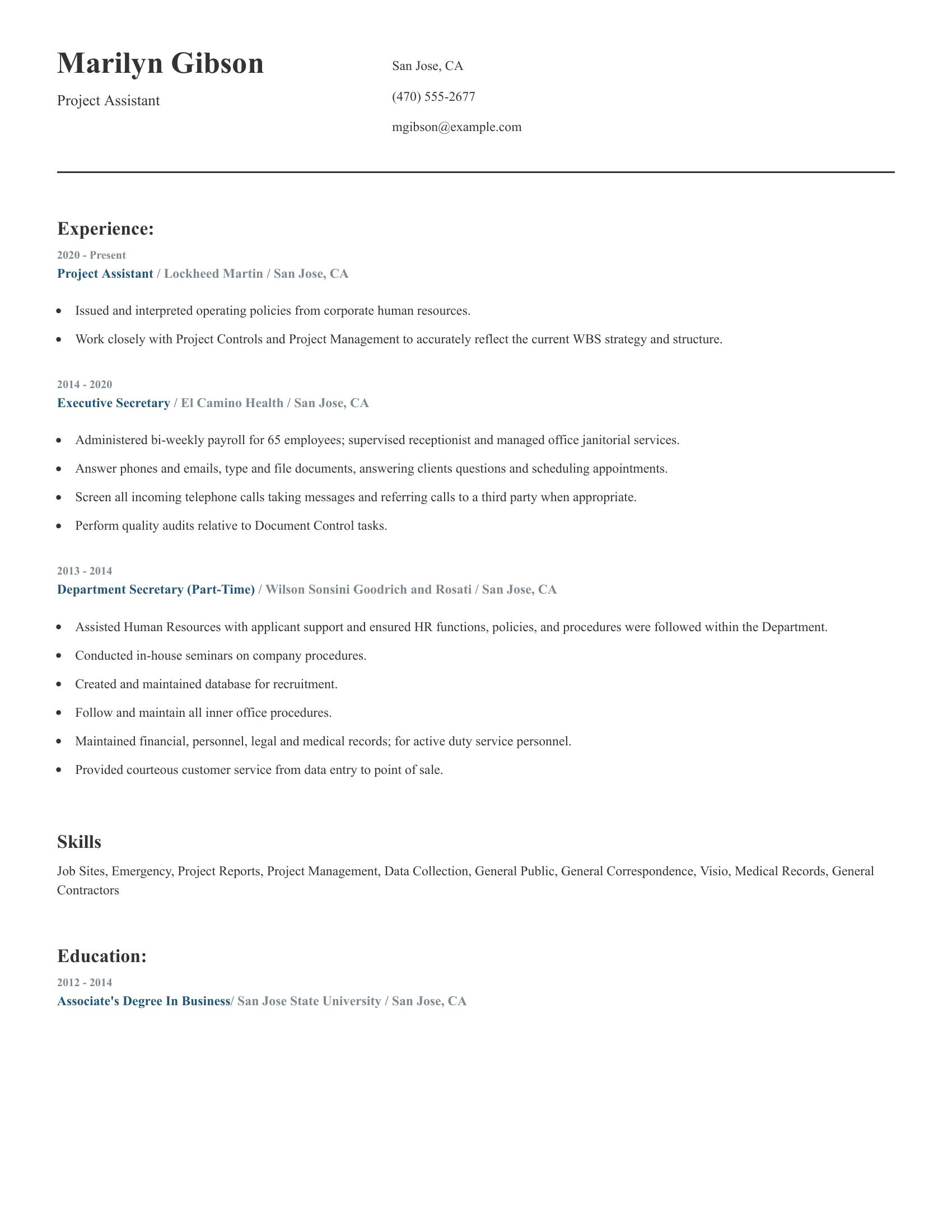 Project Assistant Resume Teamplate