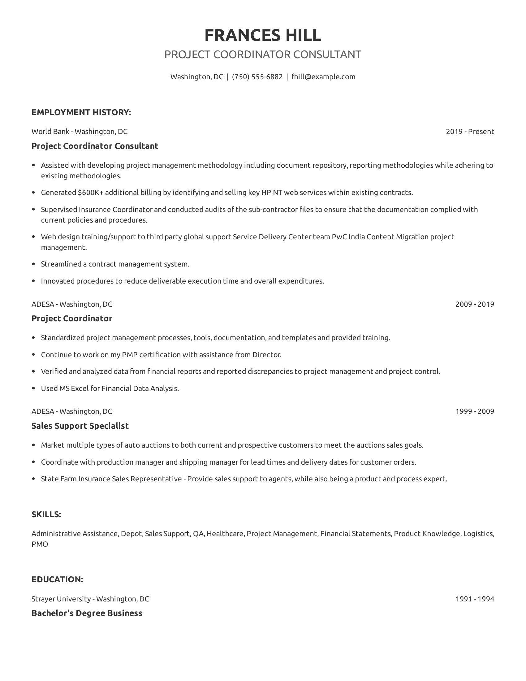 Project Coordinator Consultant resume example