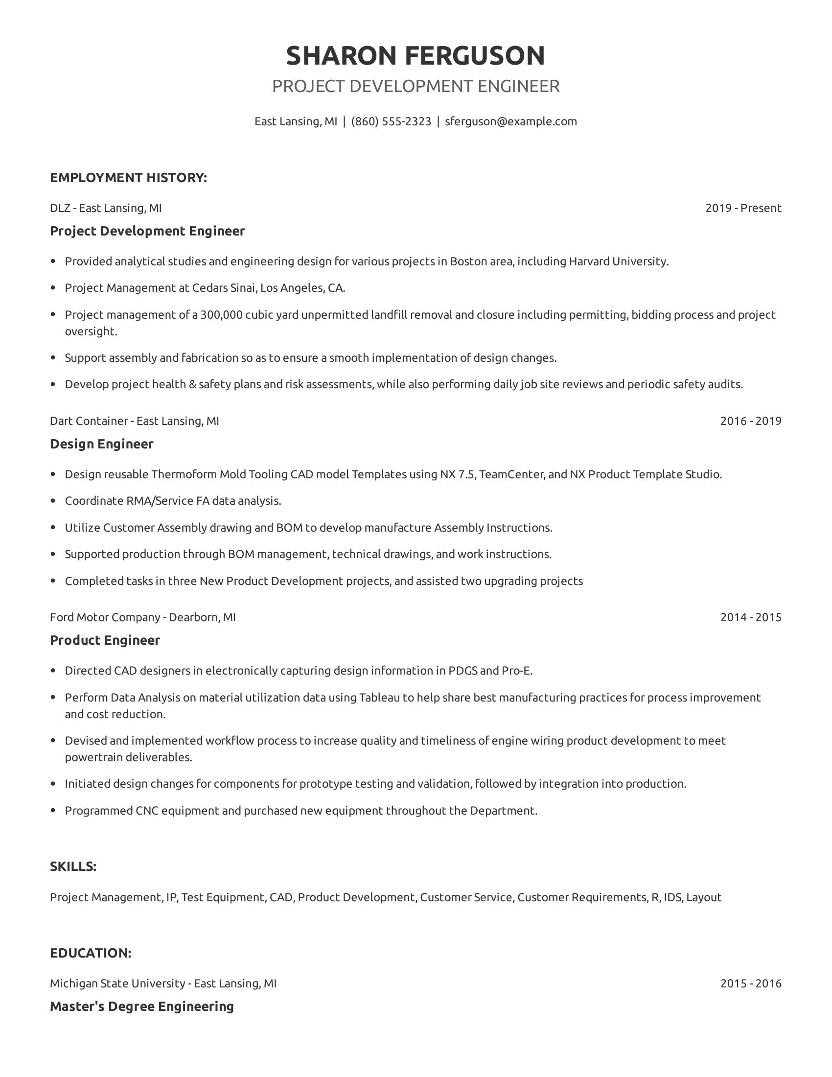 Project Development Engineer resume example